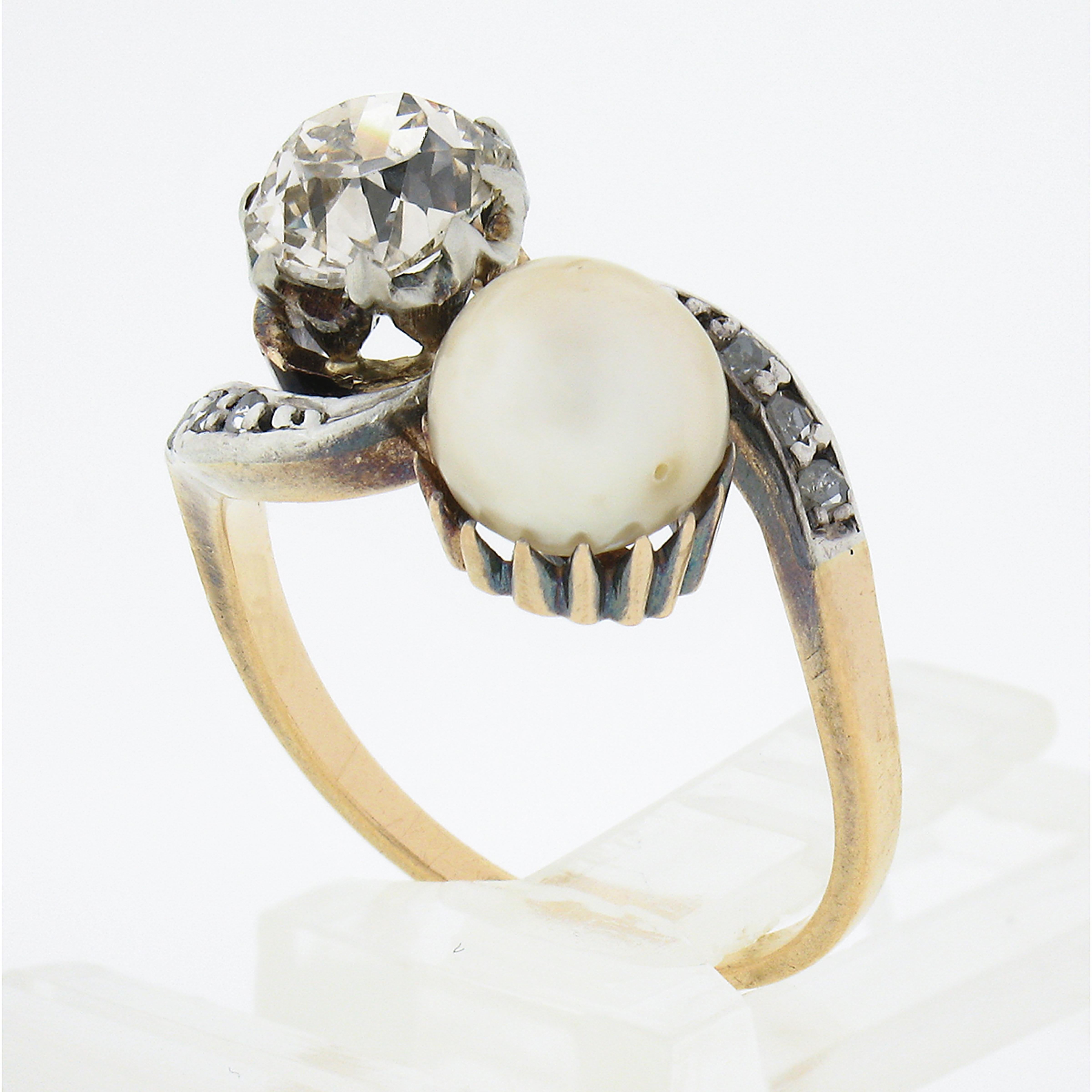 Antique Victorian 18k Gold & Silver Old Mine Cushion Diamond & Pearl Bypass Ring For Sale 4