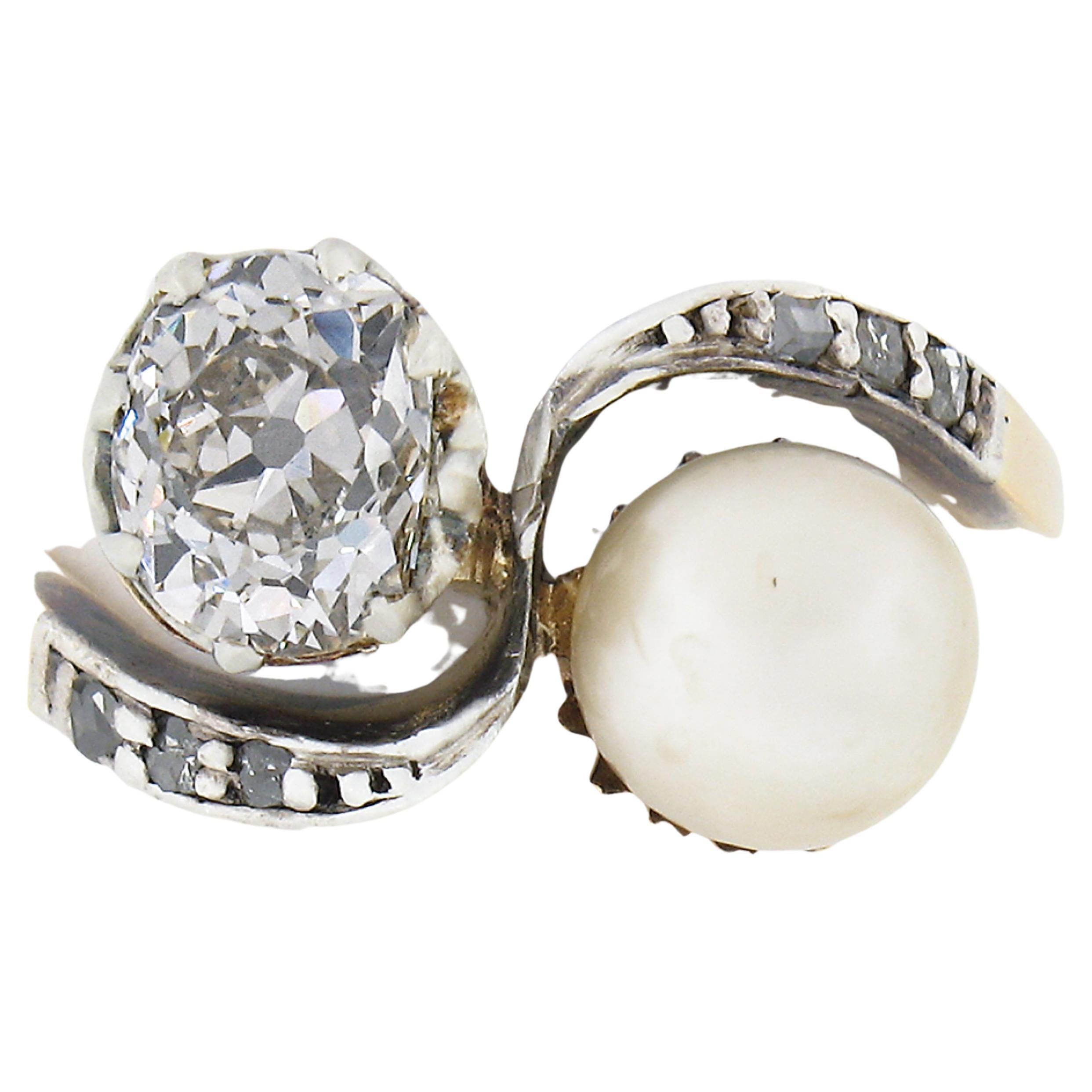 Antique Victorian 18k Gold & Silver Old Mine Cushion Diamond & Pearl Bypass Ring For Sale