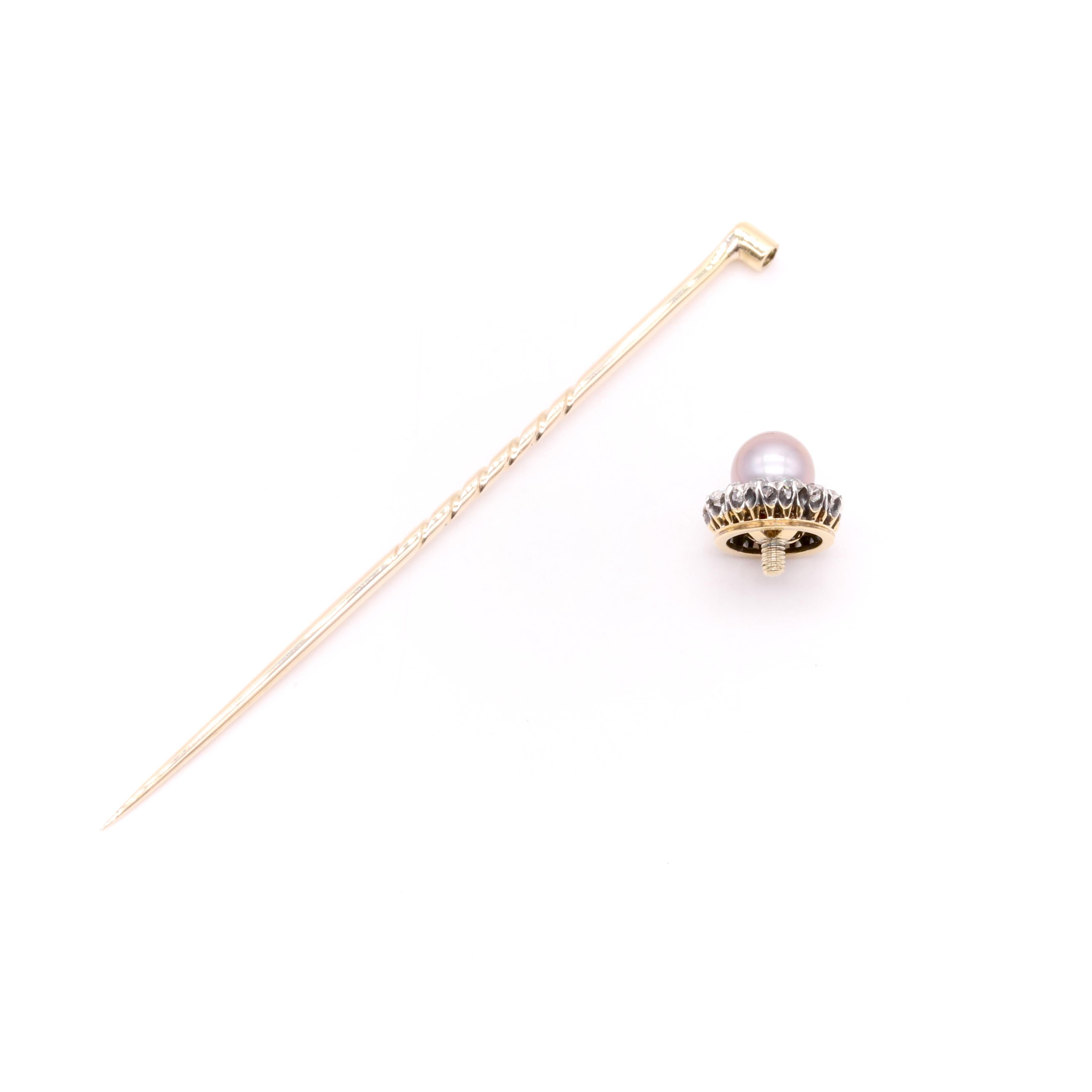 Antique Victorian 18K Gold & Silver Pearl & Old Mine Cut Diamond Stick Pin For Sale 6