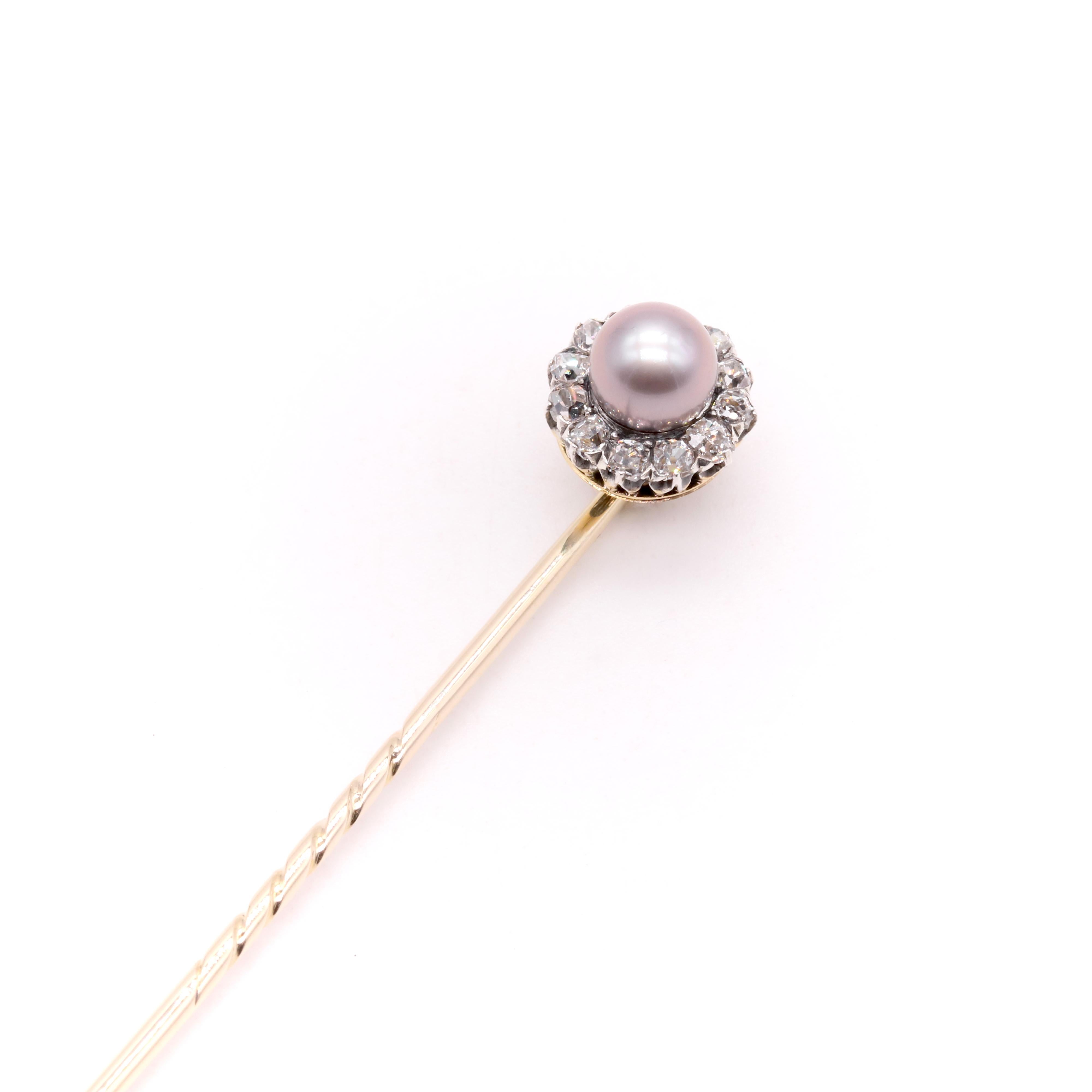 Antique Victorian 18K Gold & Silver Pearl & Old Mine Cut Diamond Stick Pin For Sale 7