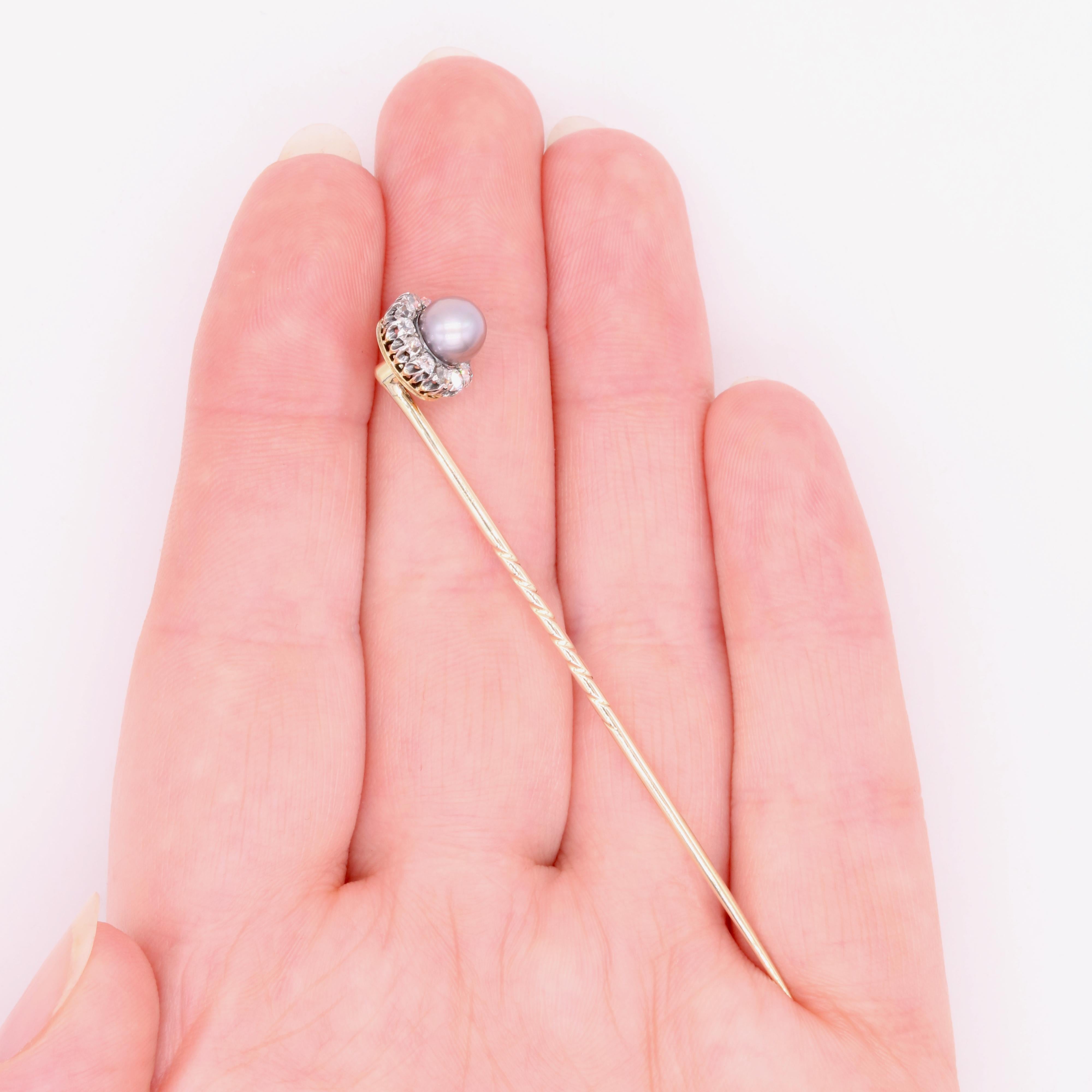 Antique Victorian 18K Gold & Silver Pearl & Old Mine Cut Diamond Stick Pin For Sale 8