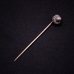Antique Victorian 18K Gold & Silver Pearl & Old Mine Cut Diamond Stick Pin
