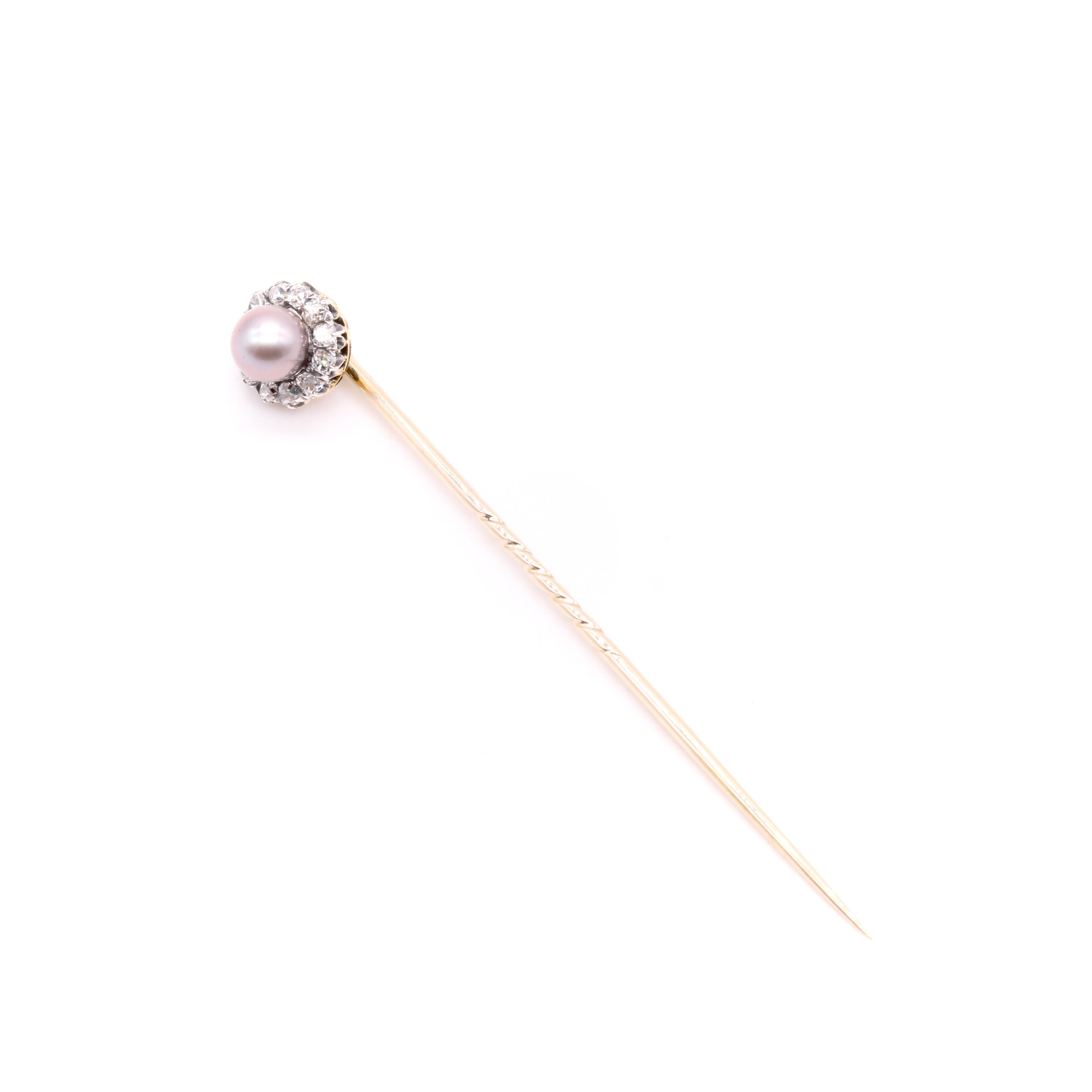 Antique Victorian 18K Gold & Silver Pearl & Old Mine Cut Diamond Stick Pin In Good Condition For Sale In Staines-Upon-Thames, GB
