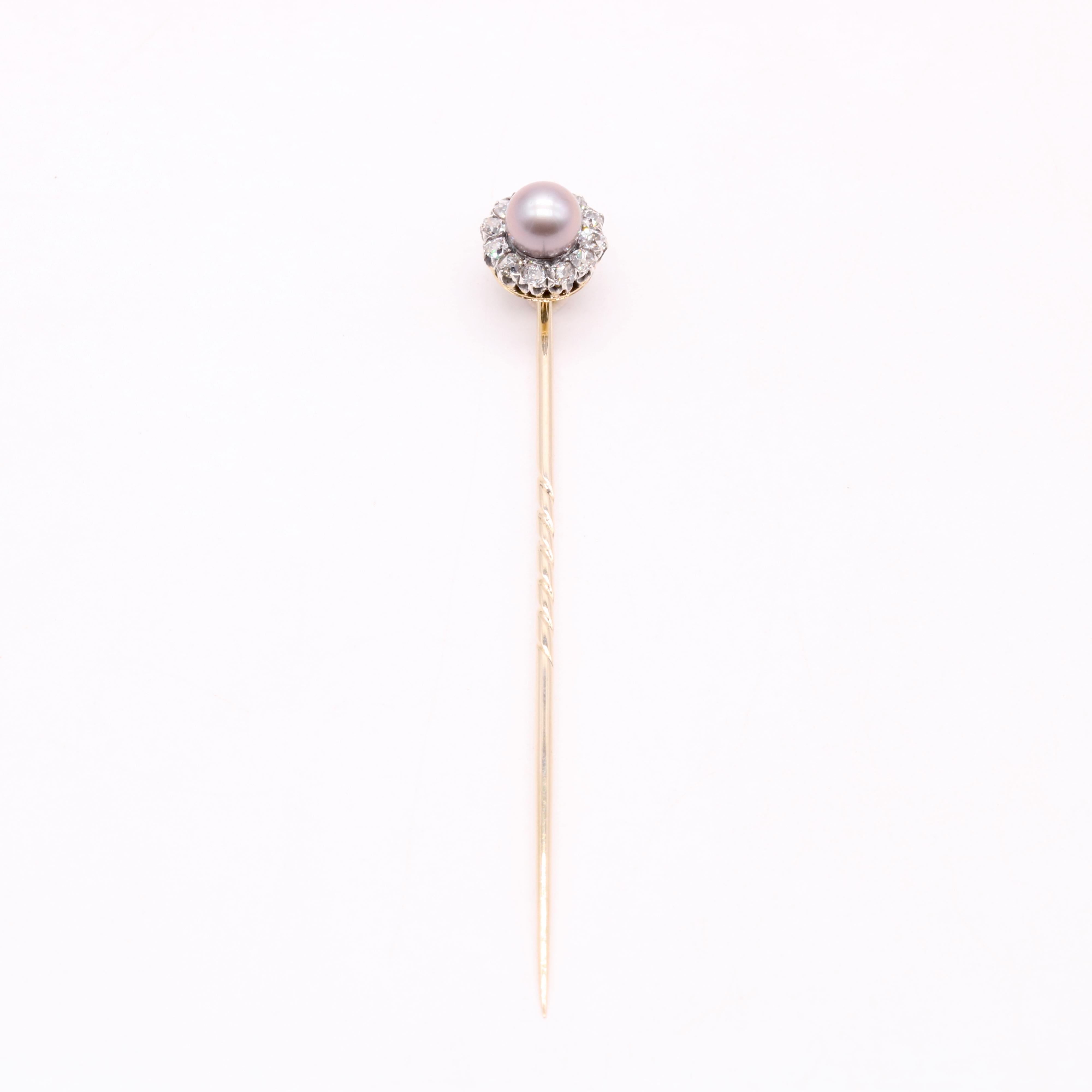 Women's or Men's Antique Victorian 18K Gold & Silver Pearl & Old Mine Cut Diamond Stick Pin For Sale
