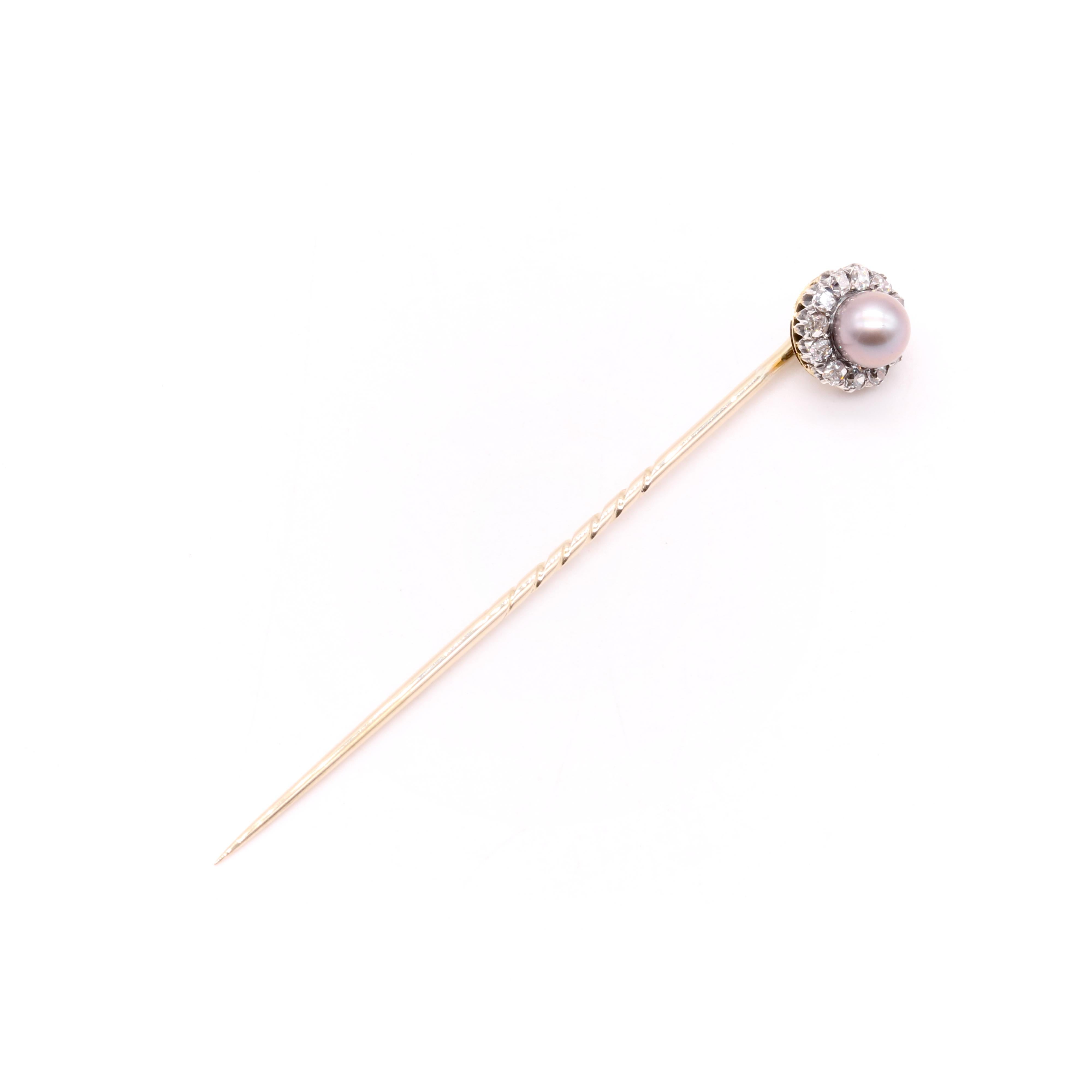 Antique Victorian 18K Gold & Silver Pearl & Old Mine Cut Diamond Stick Pin For Sale 1
