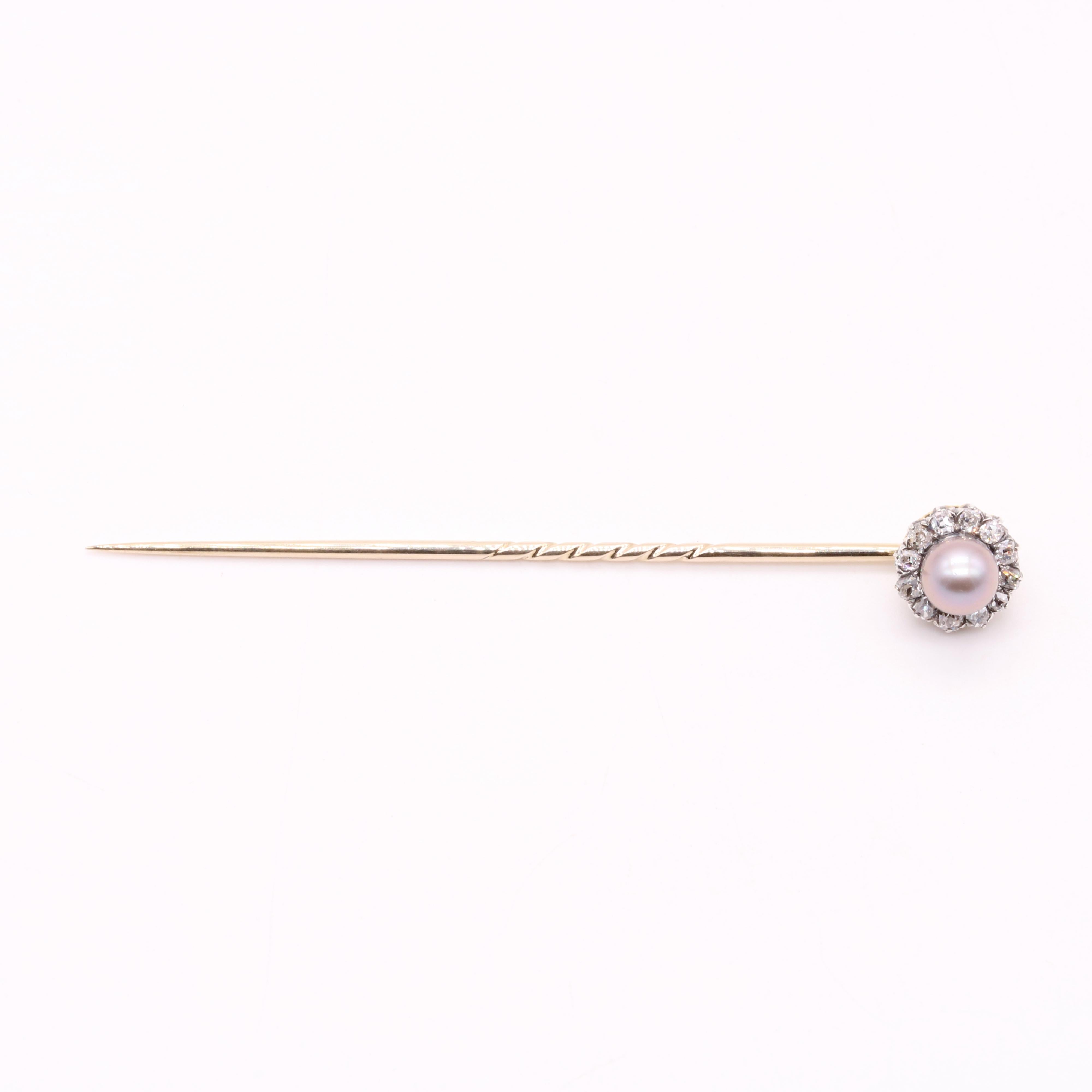 Antique Victorian 18K Gold & Silver Pearl & Old Mine Cut Diamond Stick Pin For Sale 2