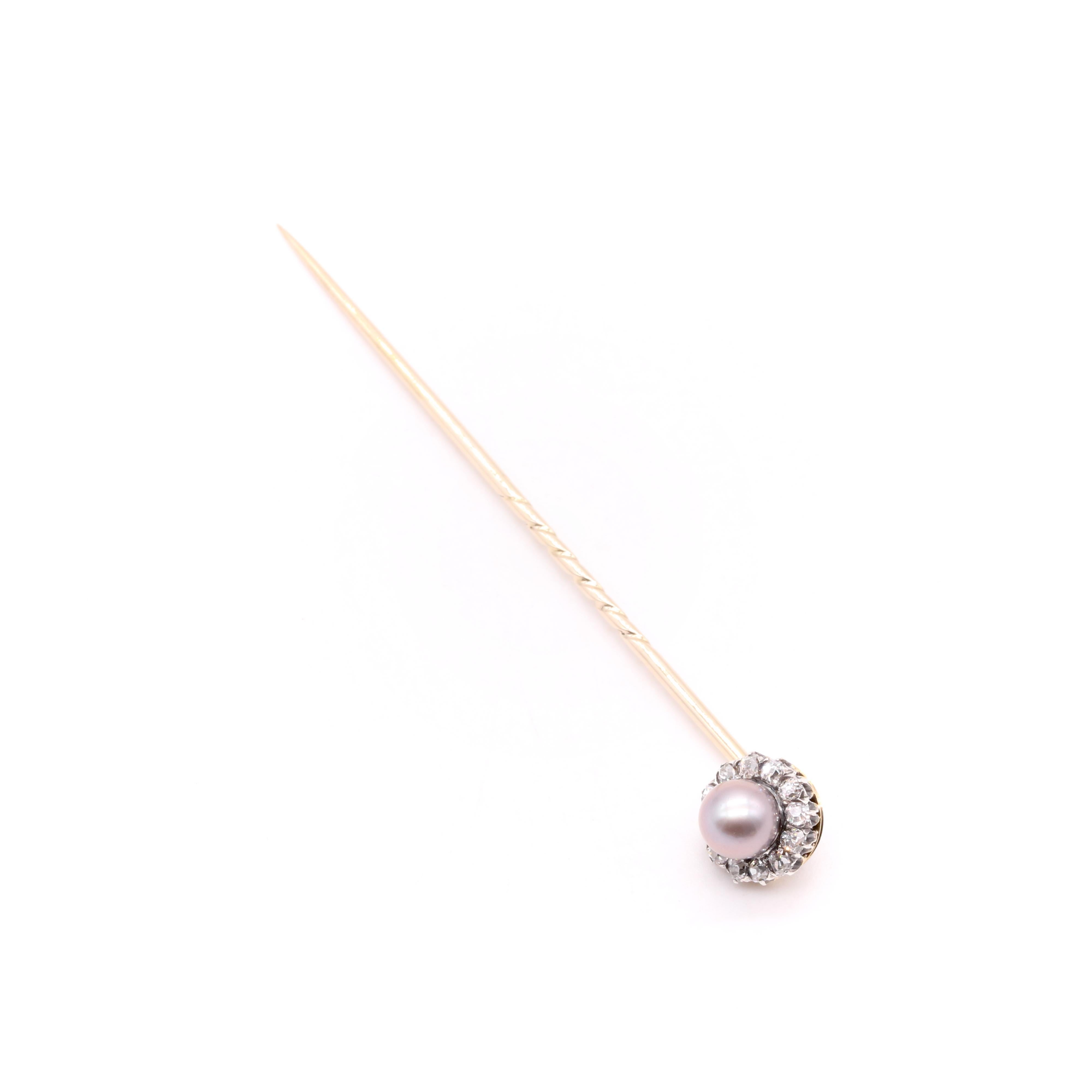 Antique Victorian 18K Gold & Silver Pearl & Old Mine Cut Diamond Stick Pin For Sale 3