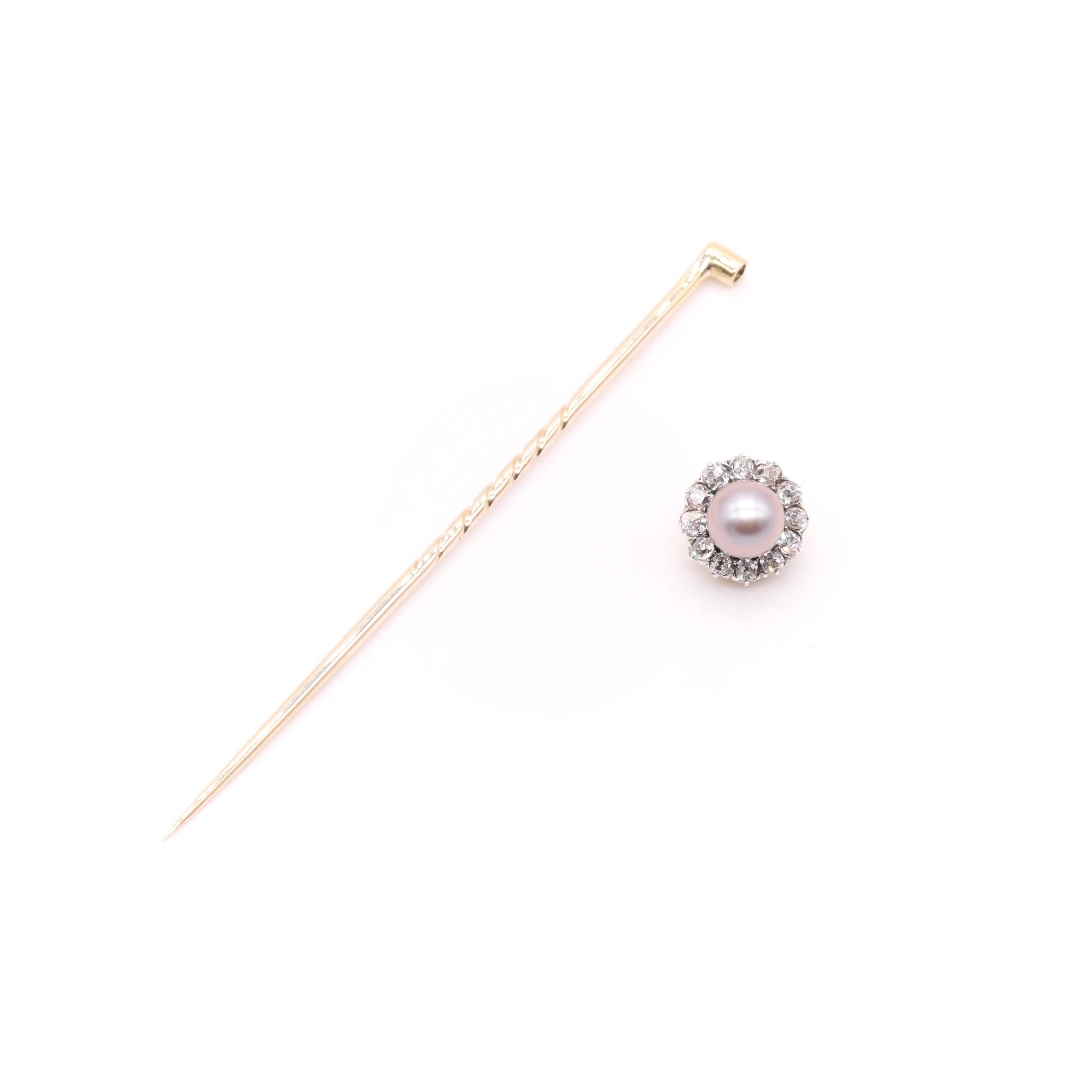 Antique Victorian 18K Gold & Silver Pearl & Old Mine Cut Diamond Stick Pin For Sale 5
