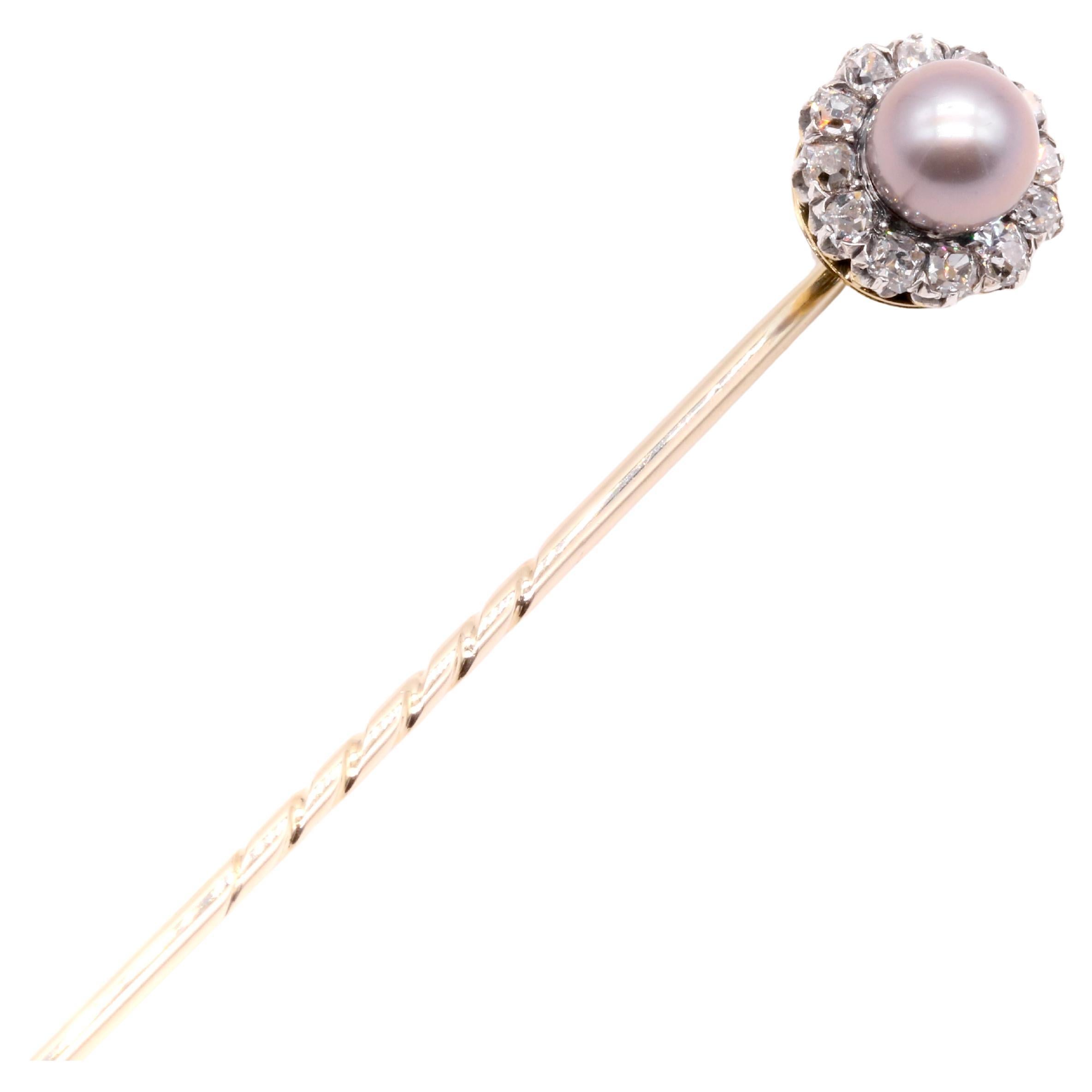 Antique Victorian 18K Gold & Silver Pearl & Old Mine Cut Diamond Stick Pin