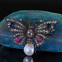 Antique Victorian 18K Gold Silver Rose Cut Diamond Sapphire Ruby Butterfly Pin