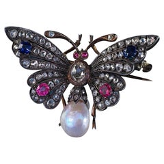 Antique Victorian 18K Gold Silver Rose Cut Diamond Sapphire Ruby Butterfly Pin