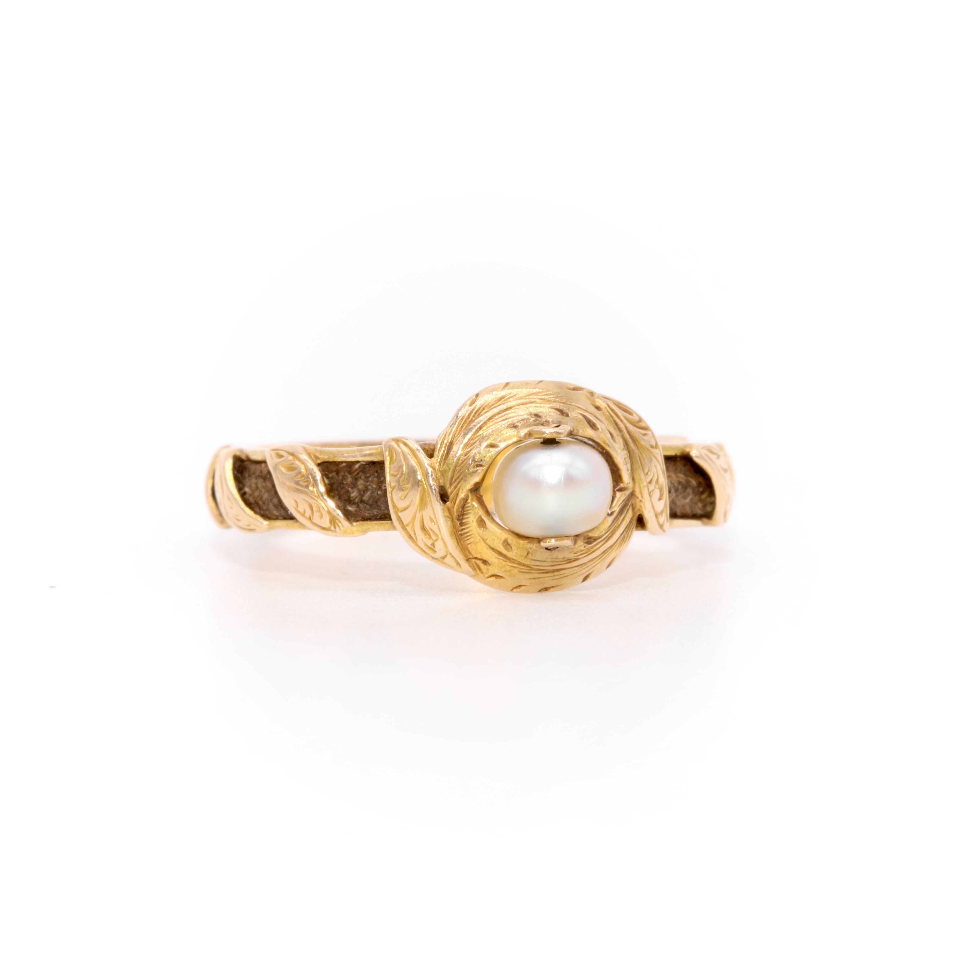 Round Cut Antique Victorian 18K Gold Spinner Pearl Hairwork Mourning Ring, James Platt Esq
