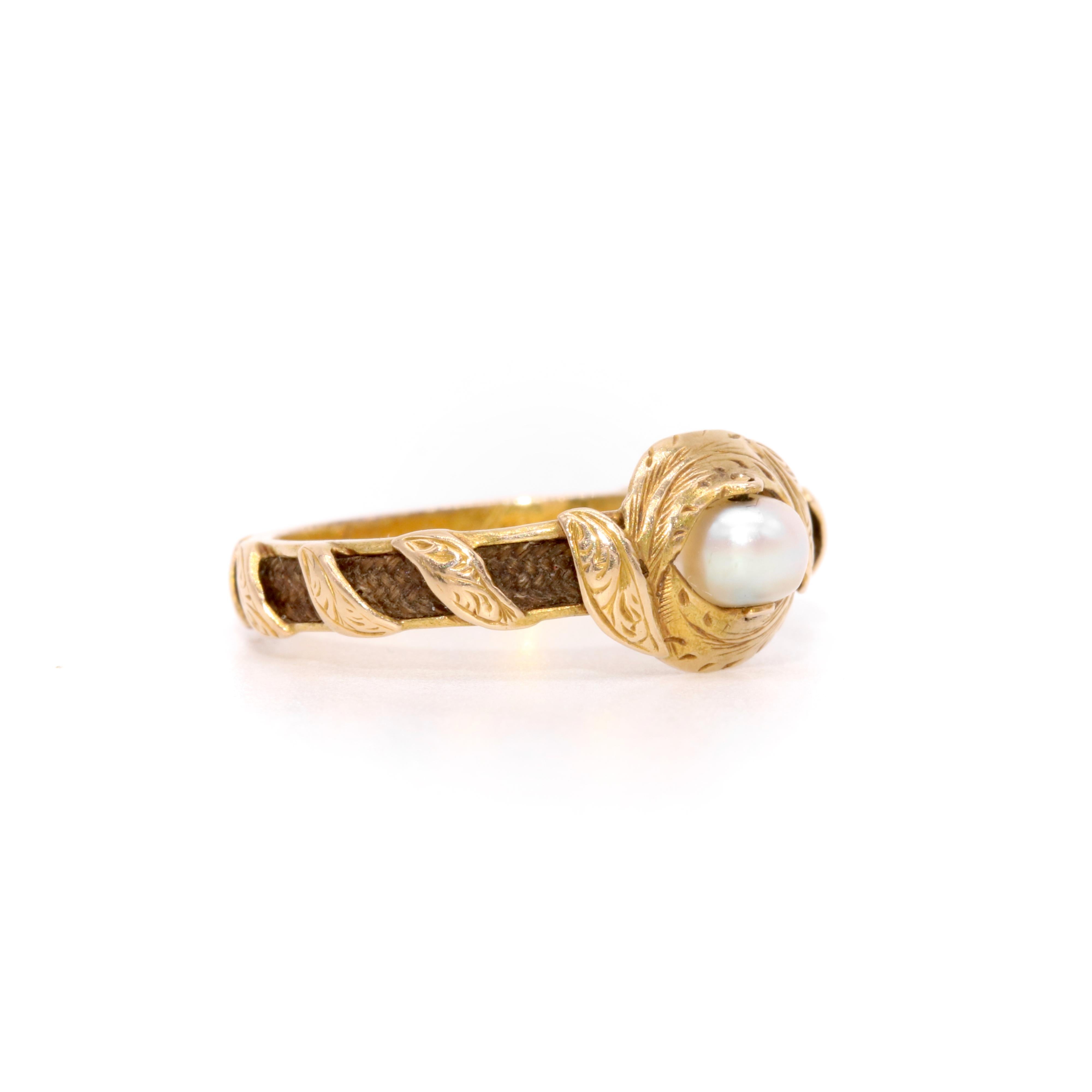 Antique Victorian 18K Gold Spinner Pearl Hairwork Mourning Ring, James Platt Esq In Good Condition In Staines-Upon-Thames, GB