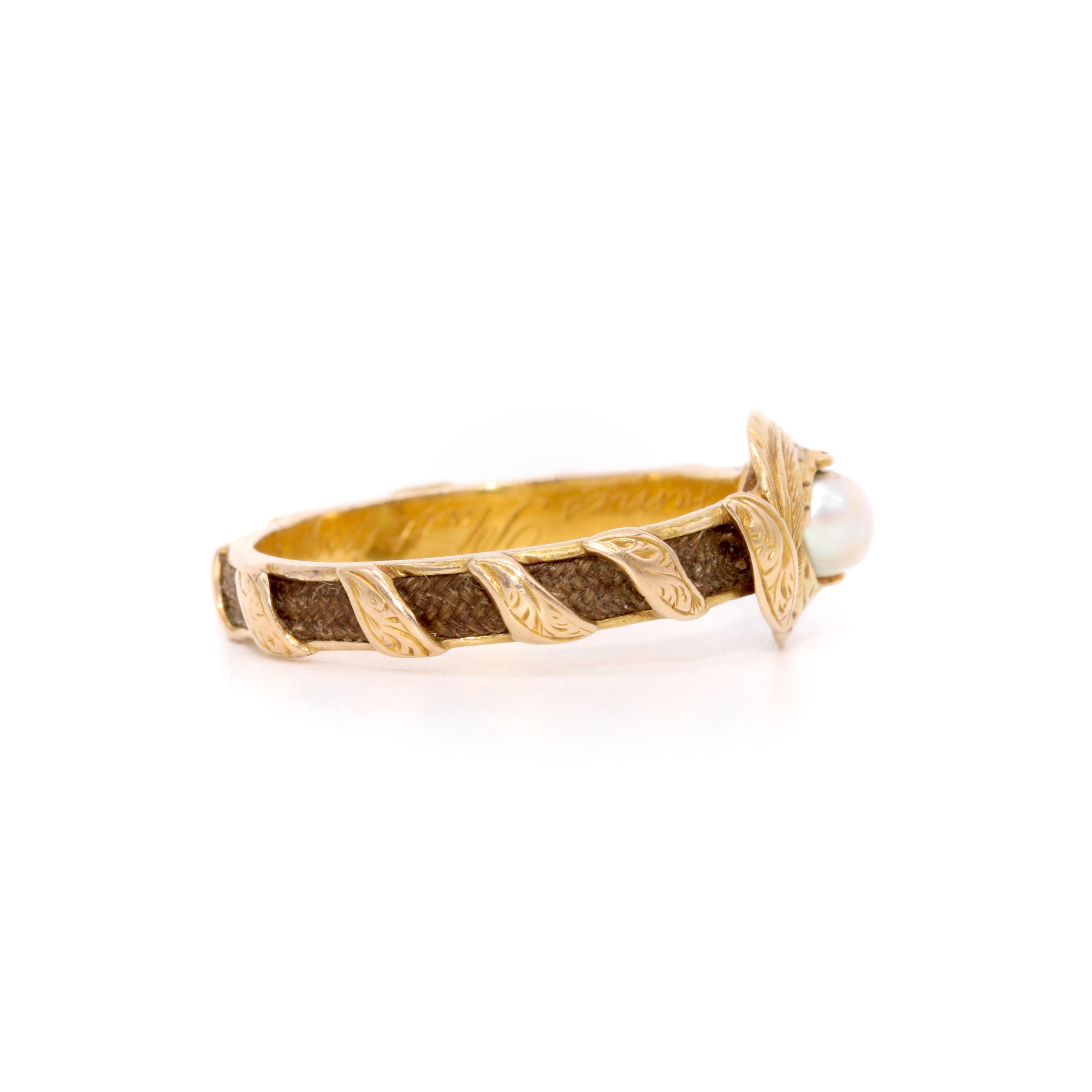 Women's or Men's Antique Victorian 18K Gold Spinner Pearl Hairwork Mourning Ring, James Platt Esq