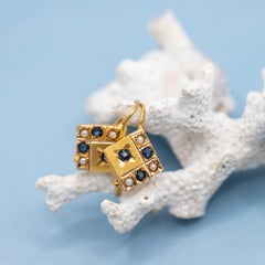 Antique Victorian 18K Gold square Pearl & Sapphire Dormeuse sleeper Earrings