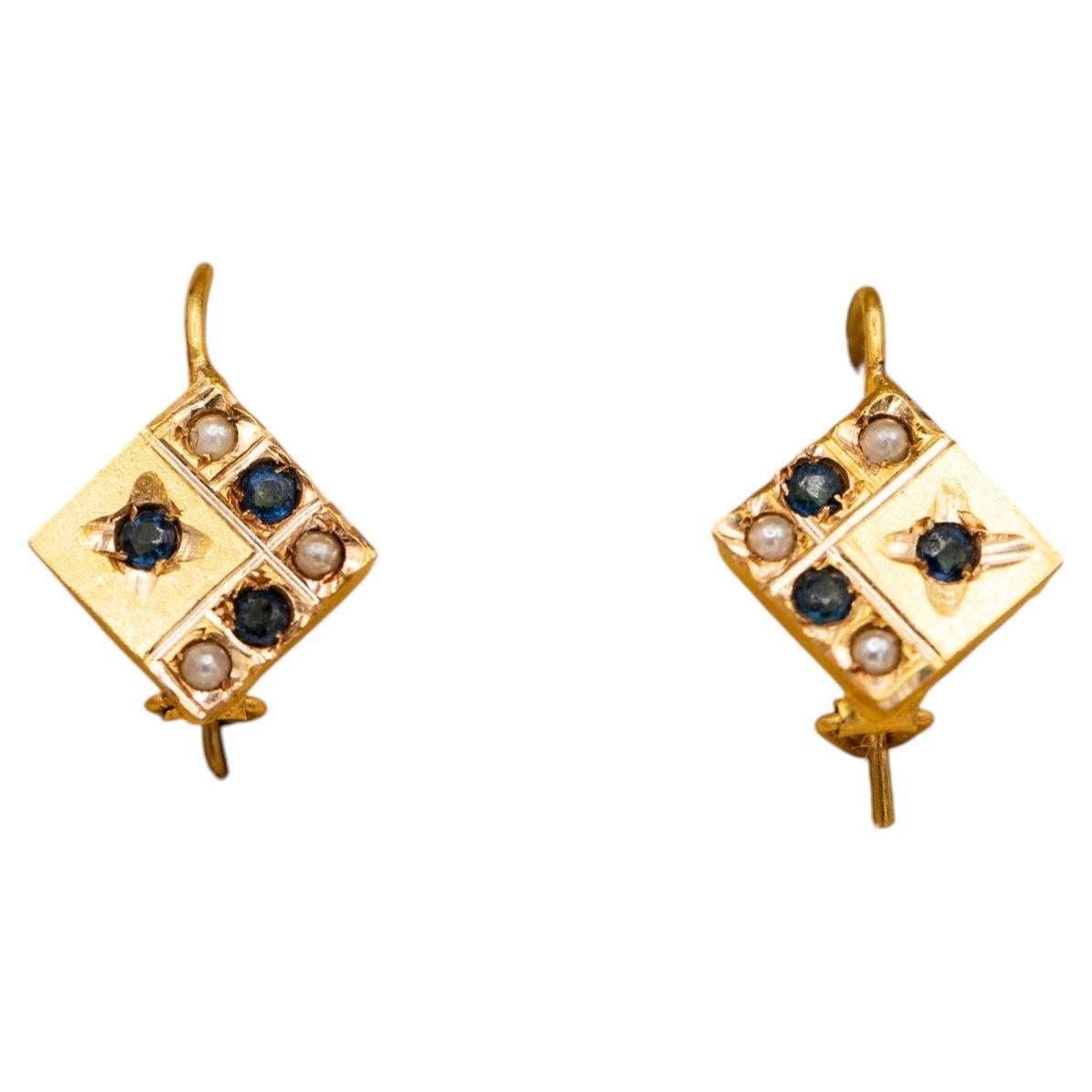 Antique Victorian 18K Gold square Pearl & Sapphire Dormeuse sleeper Earrings For Sale