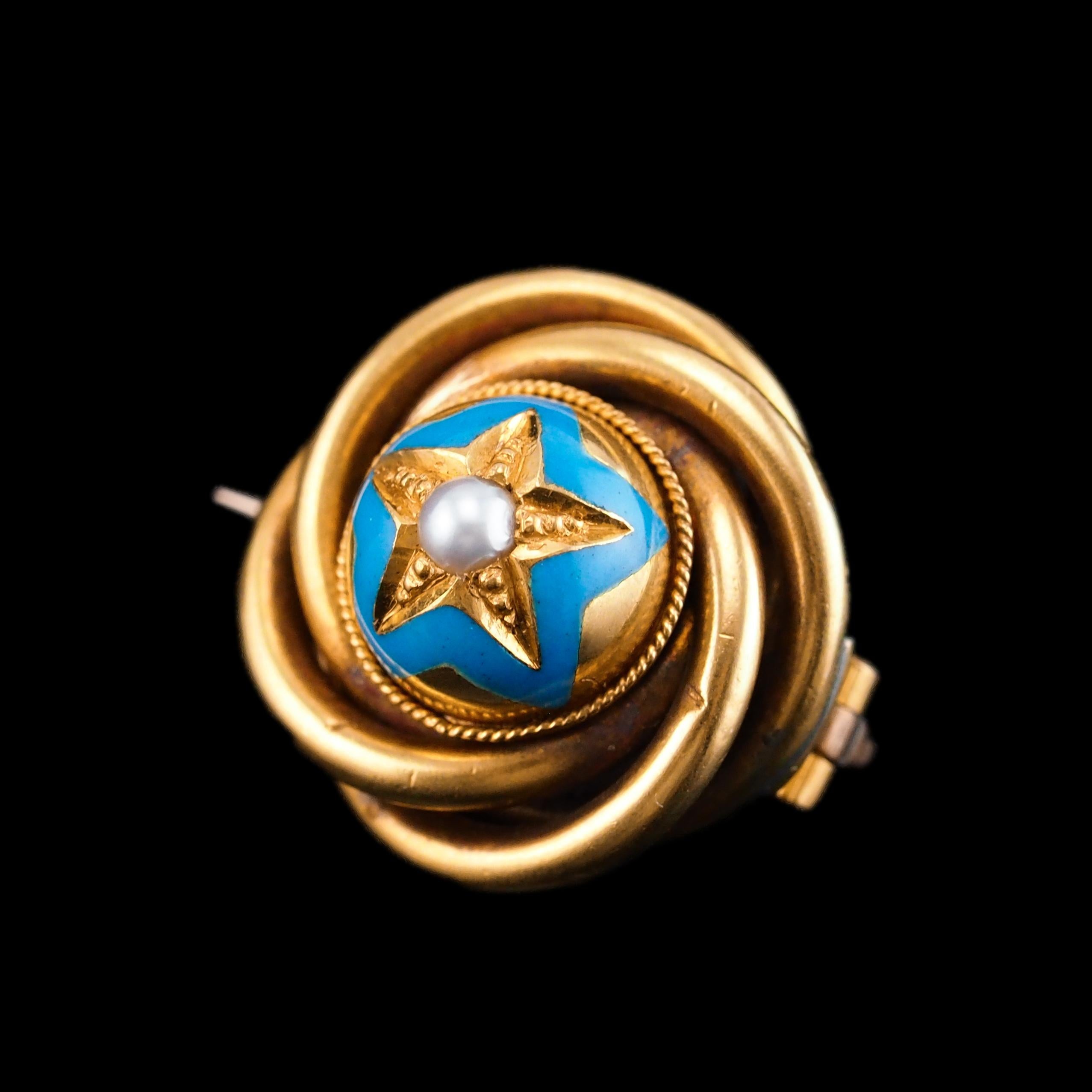Antique Victorian 18K Gold Star Blue Enamel Pearl Brooch Pin - c.1880 For Sale 5