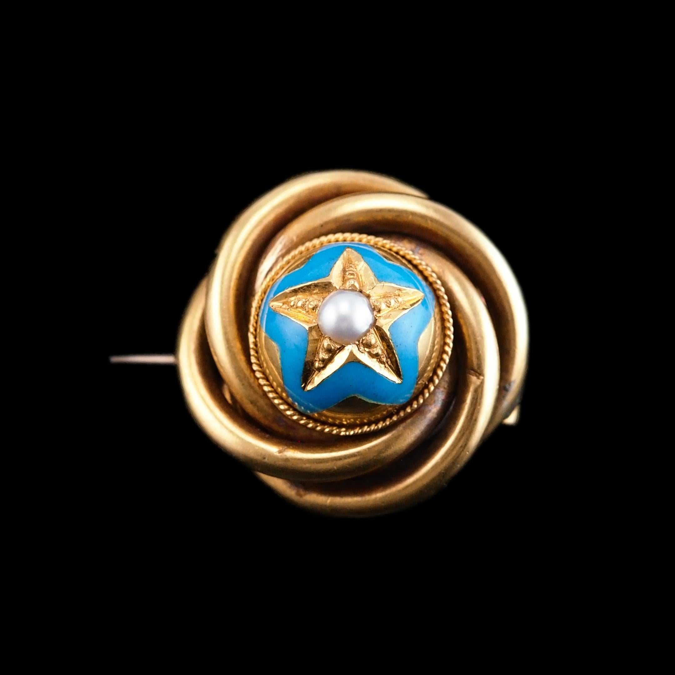 Antique Victorian 18K Gold Star Blue Enamel Pearl Brooch Pin - c.1880 For Sale 6