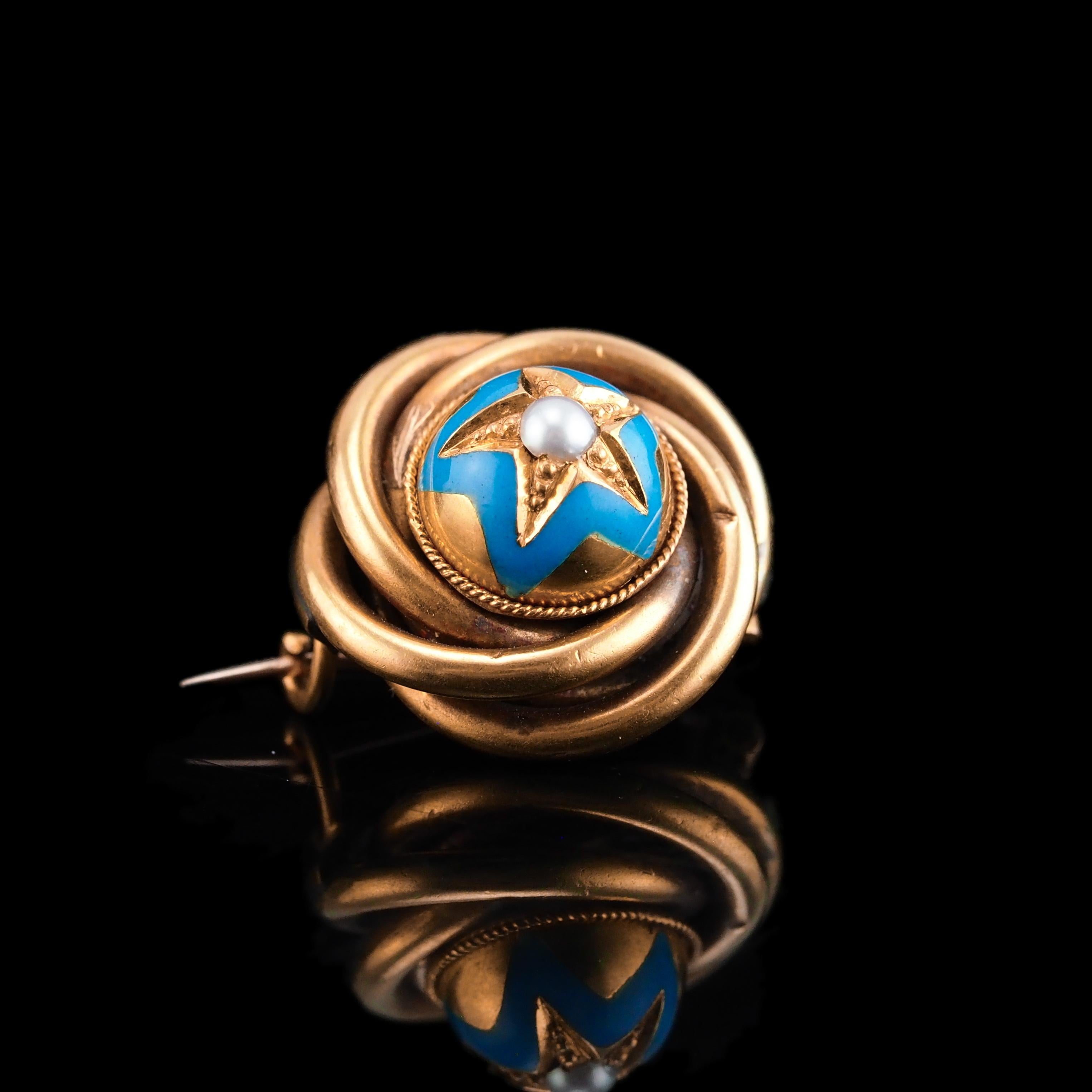 Antique Victorian 18K Gold Star Blue Enamel Pearl Brooch Pin - c.1880 In Good Condition For Sale In London, GB
