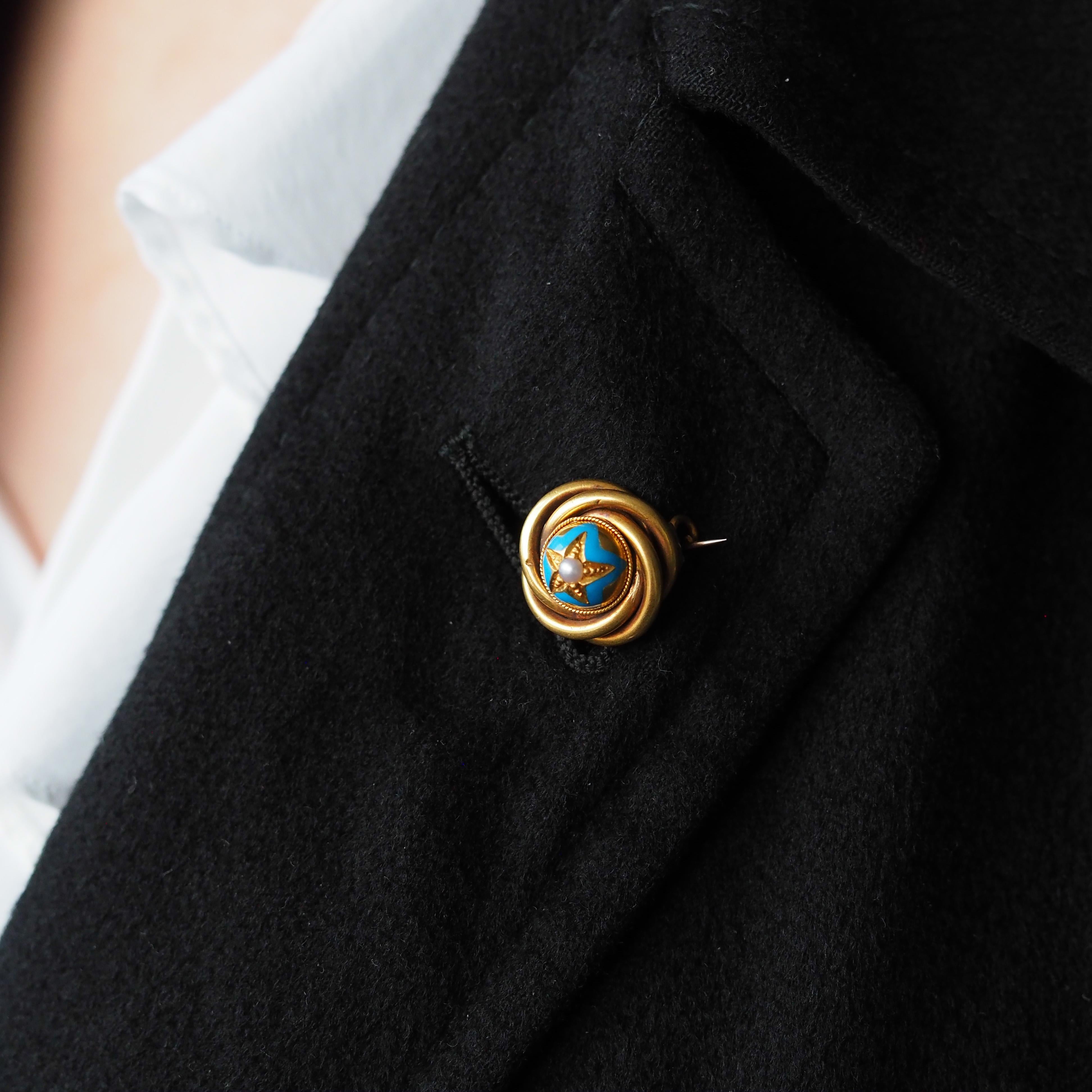 Women's or Men's Antique Victorian 18K Gold Star Blue Enamel Pearl Brooch Pin - c.1880 For Sale