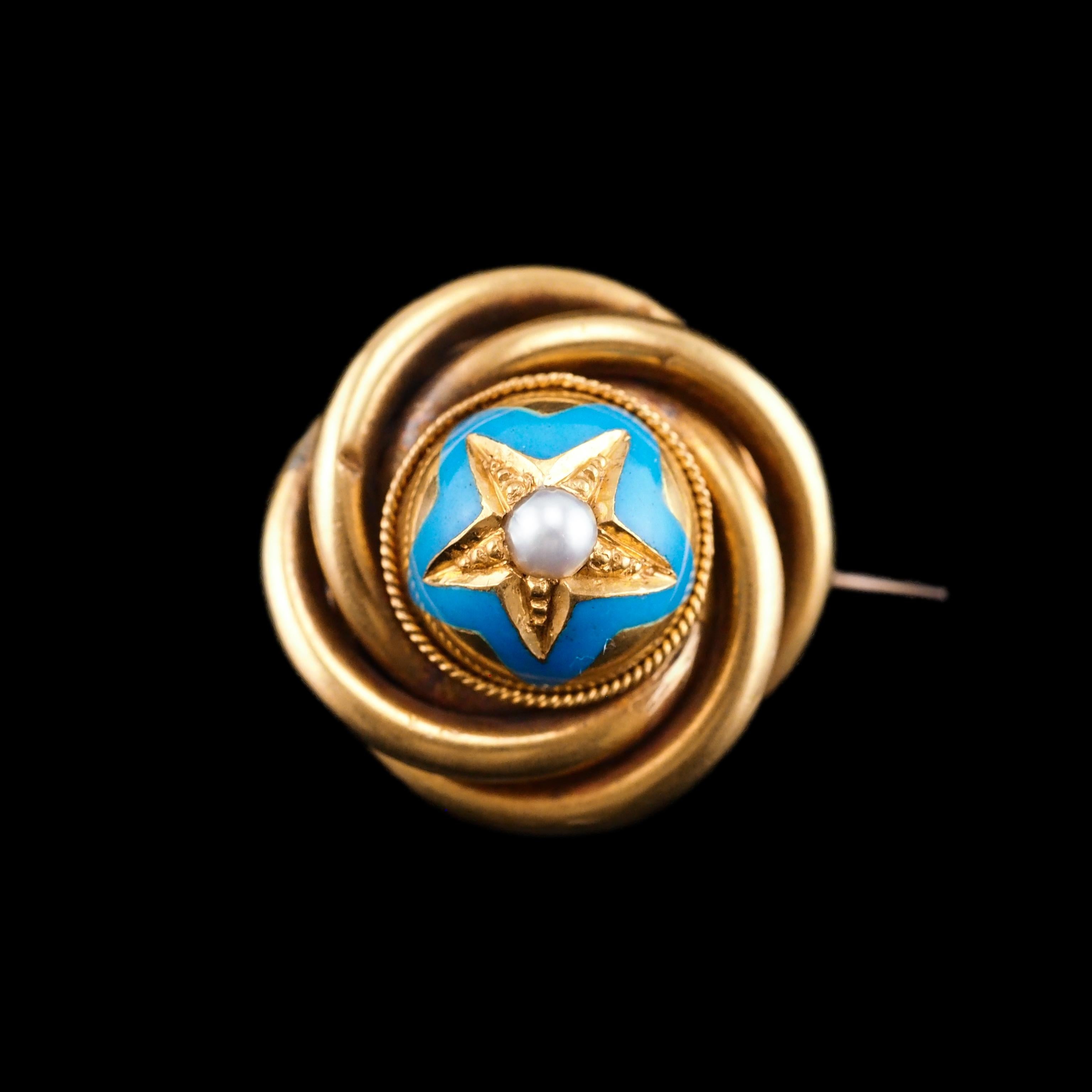 Antique Victorian 18K Gold Star Blue Enamel Pearl Brooch Pin - c.1880 For Sale 2