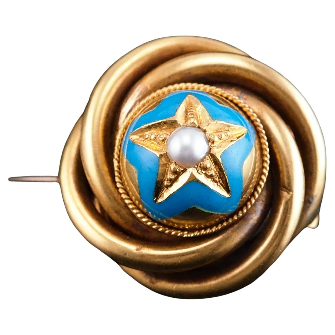 Antique Victorian 18K Gold Star Blue Enamel Pearl Brooch Pin - c.1880 For Sale