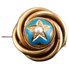 Antique Victorian 18K Gold Star Blue Enamel Pearl Brooch Pin - c.1880