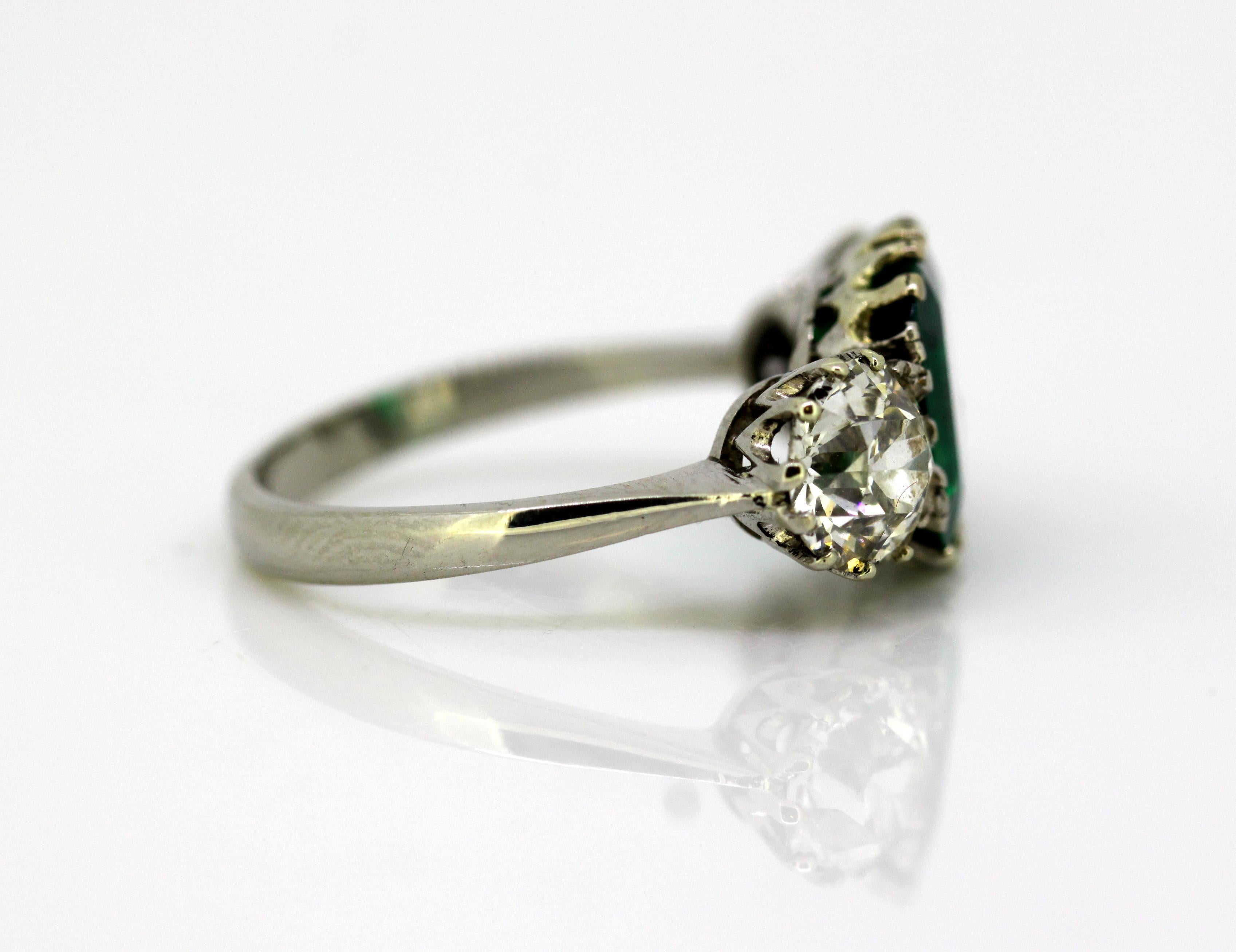 Antique Victorian 18 Karat Gold Three-Stone Emerald and Diamond Ring, England 1