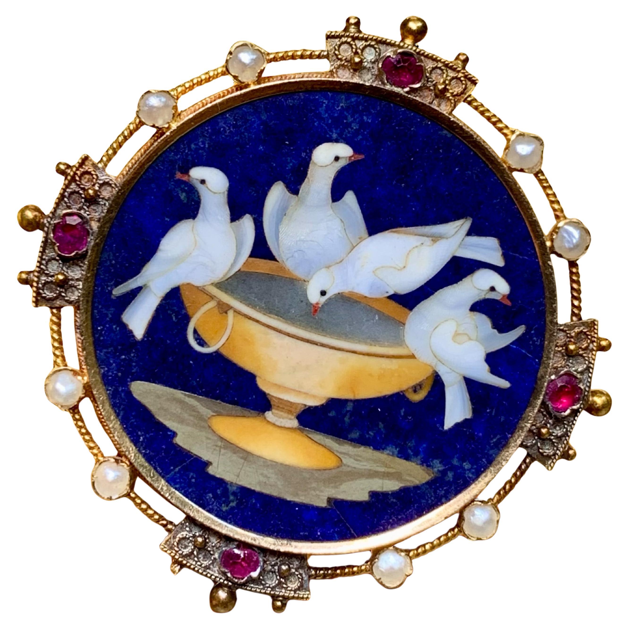 Antique Victorian 18K Pietra Dura Lapis Agate Doves Of Pliny Ruby Pearl Brooch