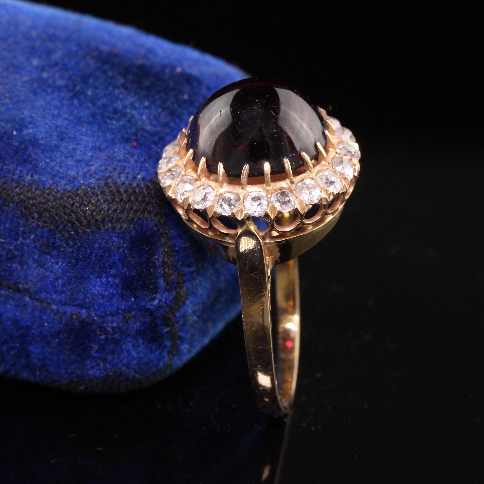 Antique Victorian 18K Rose Gold Cabochon Garnet Old Mine Diamond Ring In Good Condition For Sale In Great Neck, NY