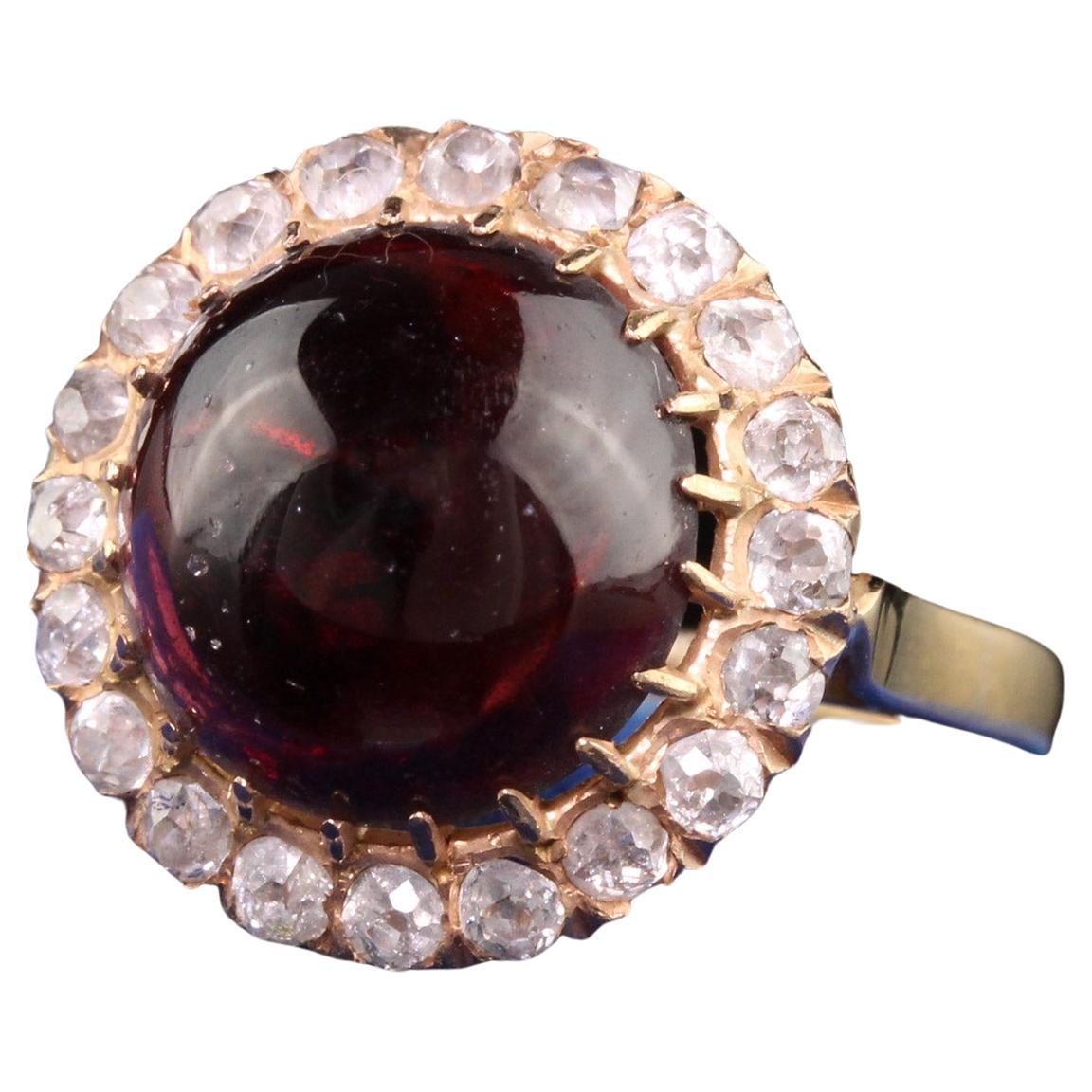 Antique Victorian 18K Rose Gold Cabochon Garnet Old Mine Diamond Ring For Sale
