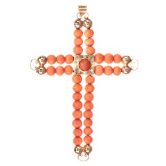 Antique Victorian 18 Karat Rose Gold Cross with Blood Coral Beads, 1870s