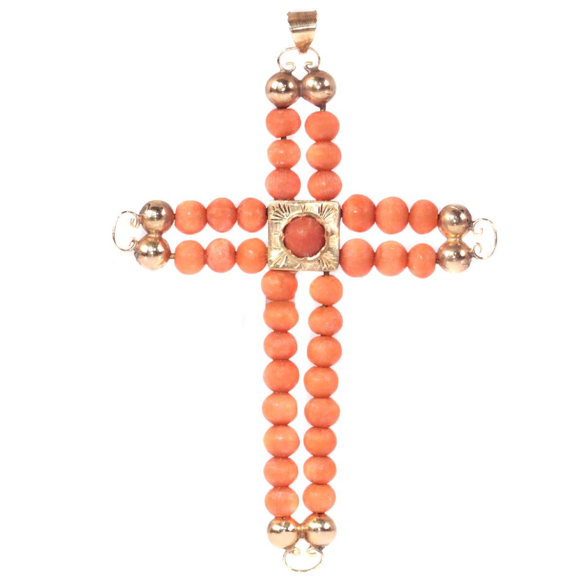 Women's or Men's Antique Victorian 18 Karat Rose Gold Cross with Blood Coral Beads, 1870s For Sale