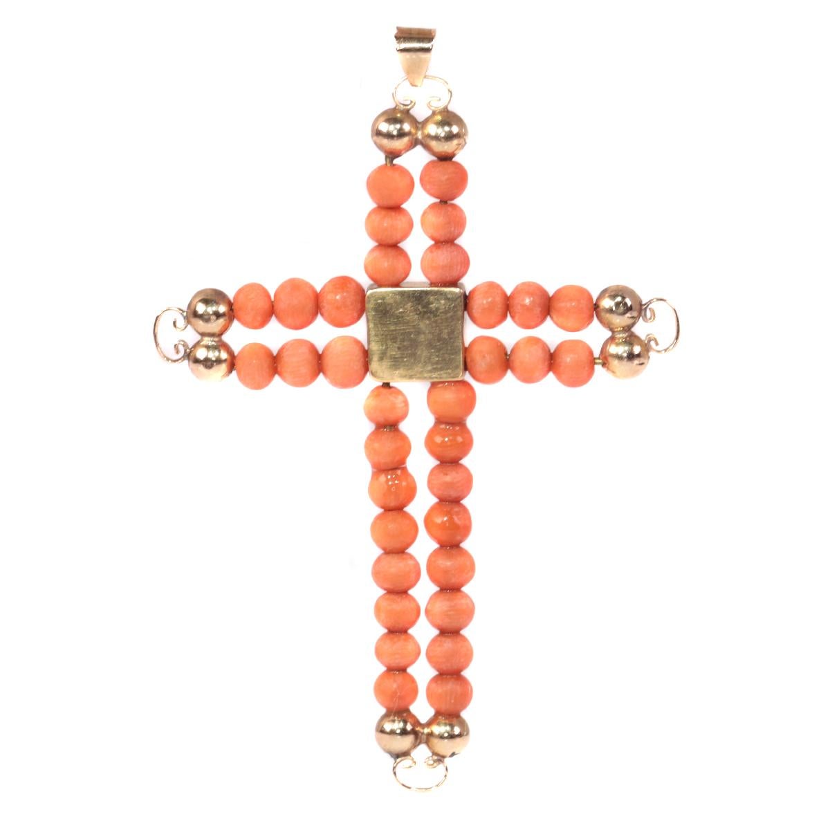 Antique Victorian 18 Karat Rose Gold Cross with Blood Coral Beads, 1870s For Sale 3
