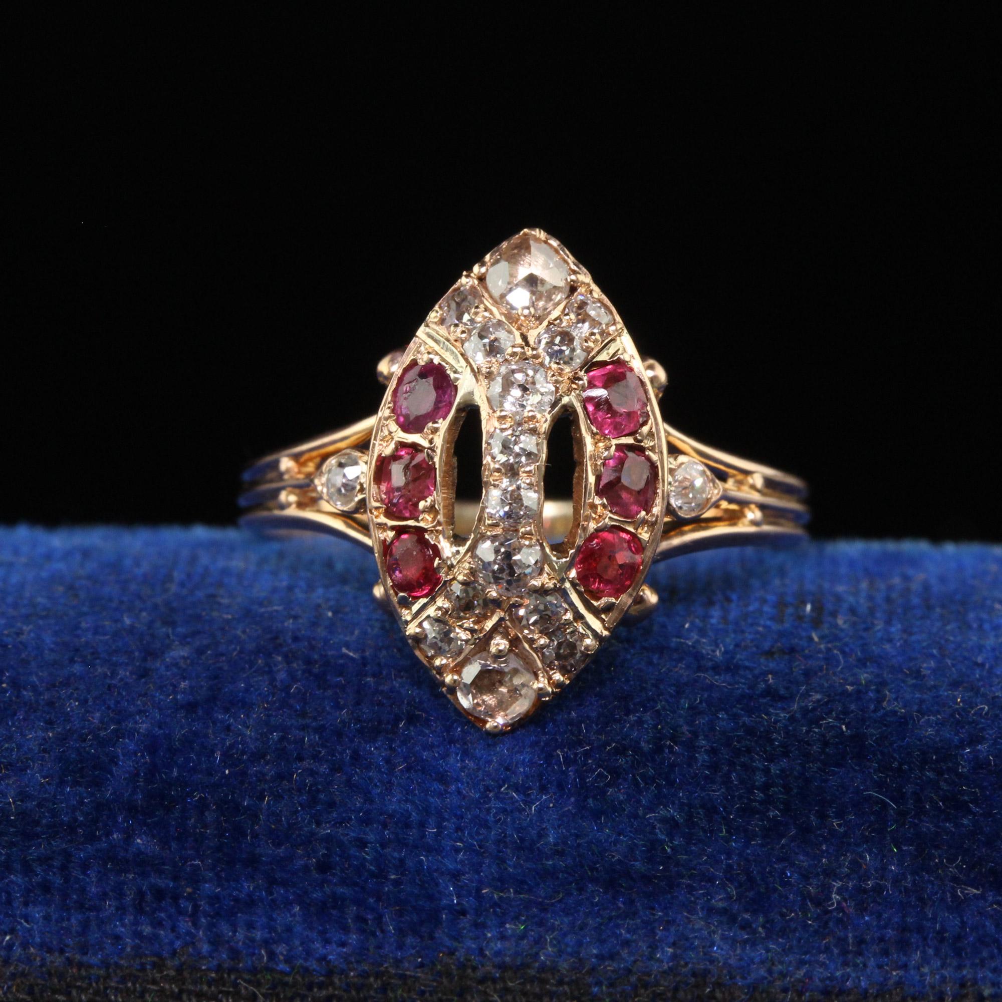 Beautiful Antique Victorian 18K Rose Gold Old Cut Diamond and Ruby Navette Ring. This gorgeous Victorian diamond and ruby navette ring is crafted in 18k rose gold. The ring features old cut diamonds and rubies set in a beautiful pattern. The ring