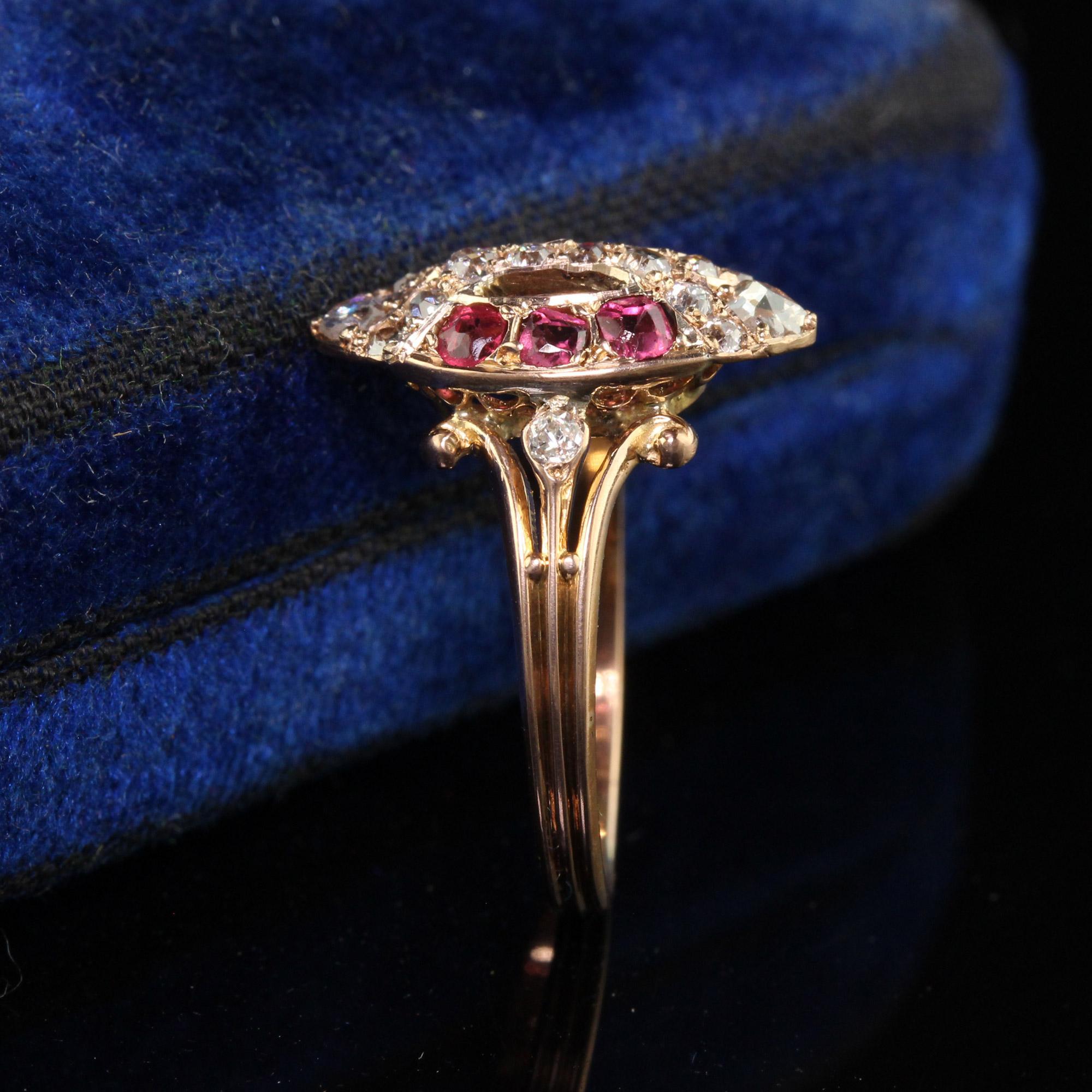Old Mine Cut Antique Victorian 18K Rose Gold Old Cut Diamond and Ruby Navette Ring For Sale