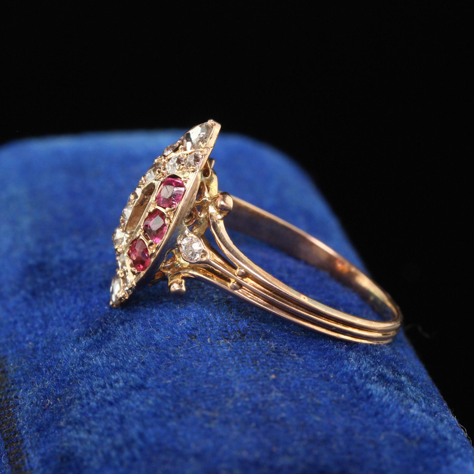 Antique Victorian 18K Rose Gold Old Cut Diamond and Ruby Navette Ring In Good Condition For Sale In Great Neck, NY