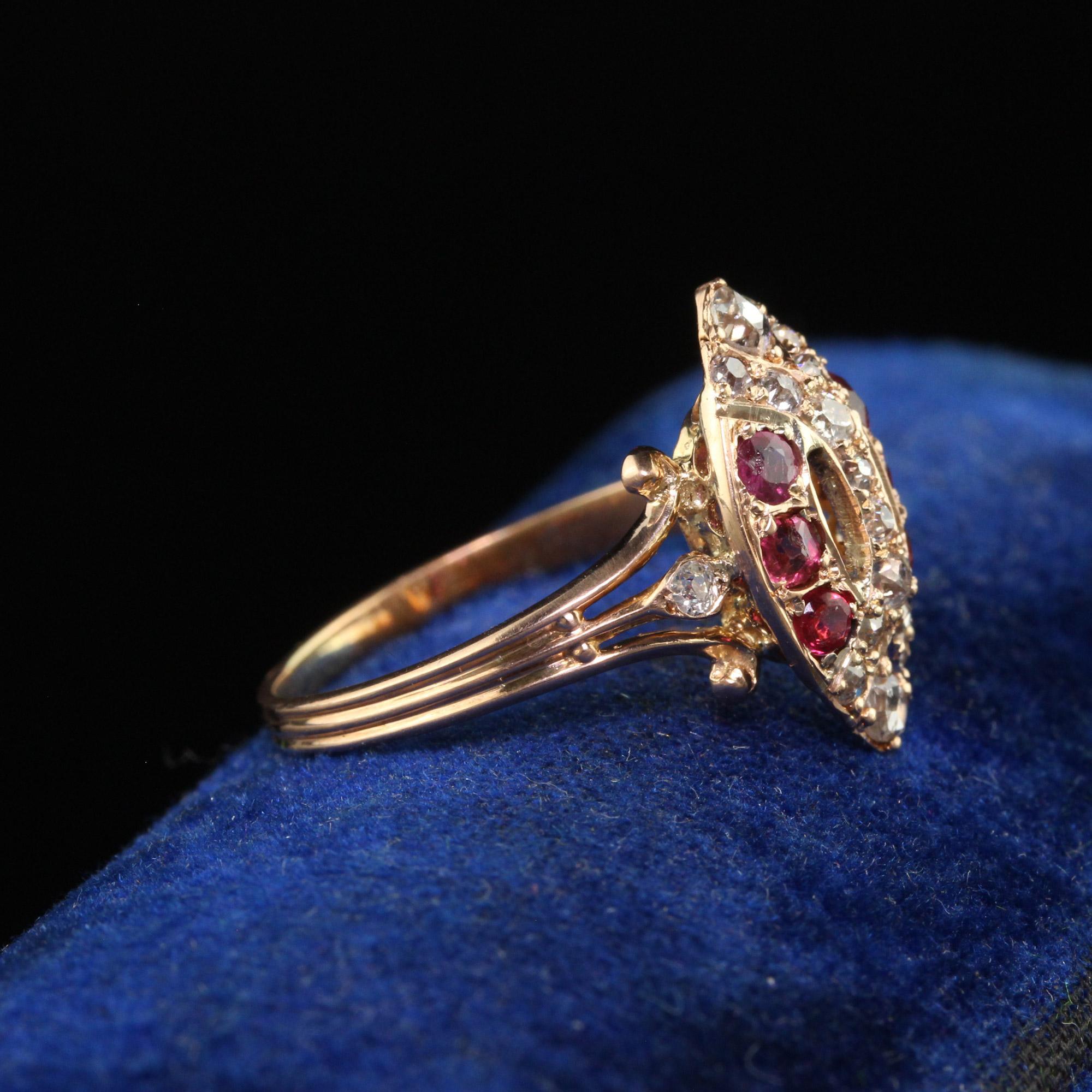 Women's Antique Victorian 18K Rose Gold Old Cut Diamond and Ruby Navette Ring For Sale
