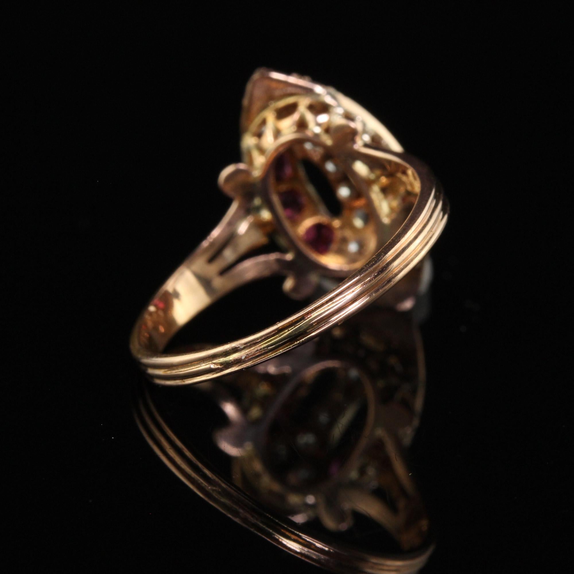 Antique Victorian 18K Rose Gold Old Cut Diamond and Ruby Navette Ring For Sale 2