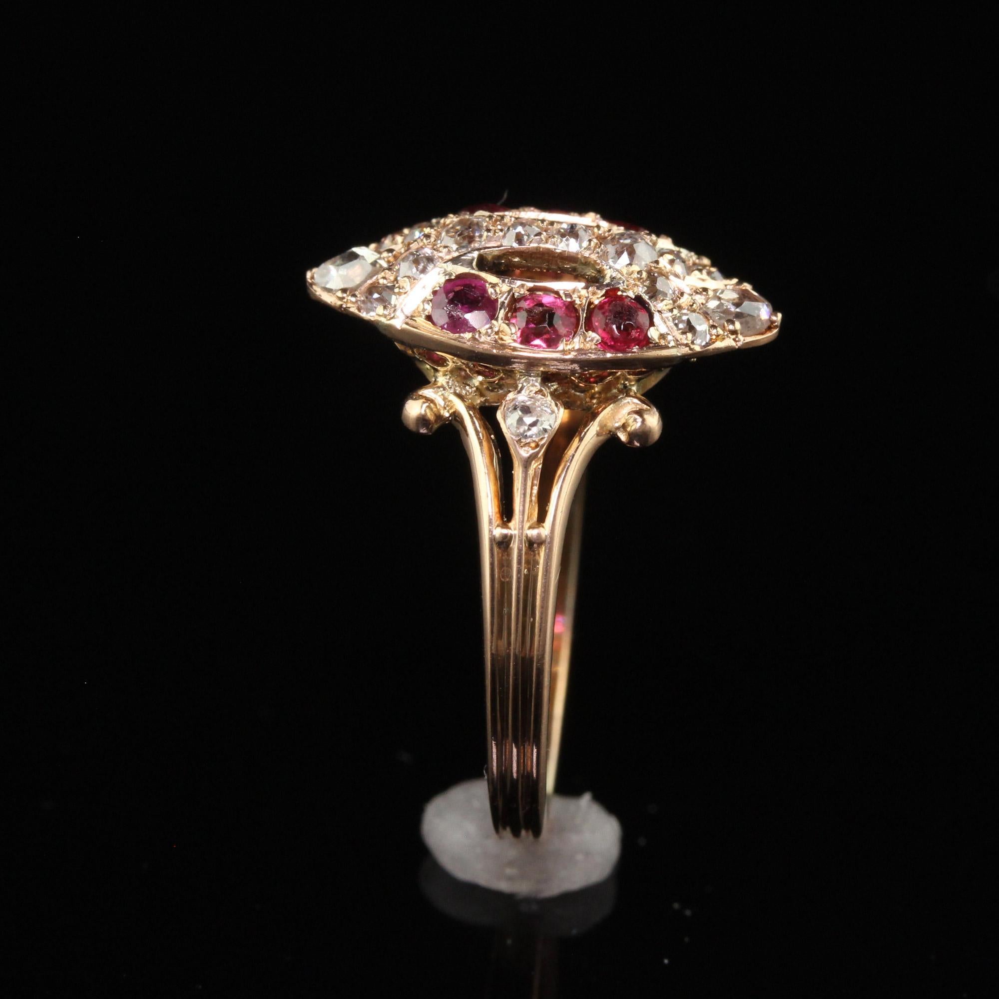 Antique Victorian 18K Rose Gold Old Cut Diamond and Ruby Navette Ring For Sale 3