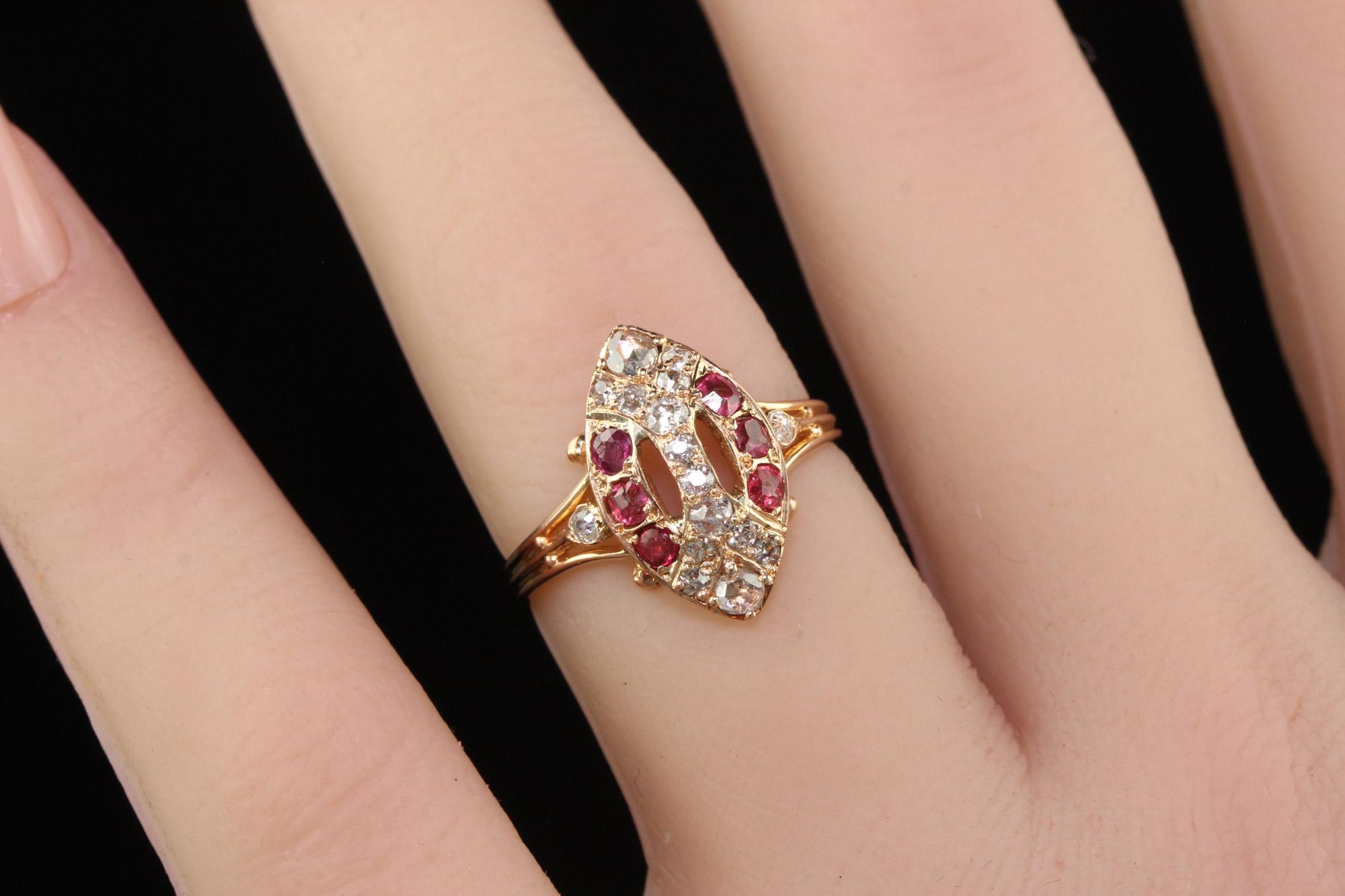 Antique Victorian 18K Rose Gold Old Cut Diamond and Ruby Navette Ring For Sale 4