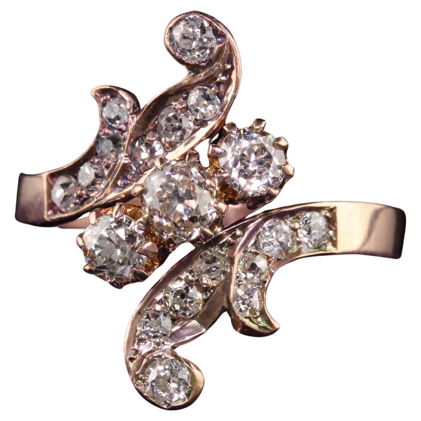 Bague florale victorienne ancienne en or rose 18 carats avec diamant taille vieille mine