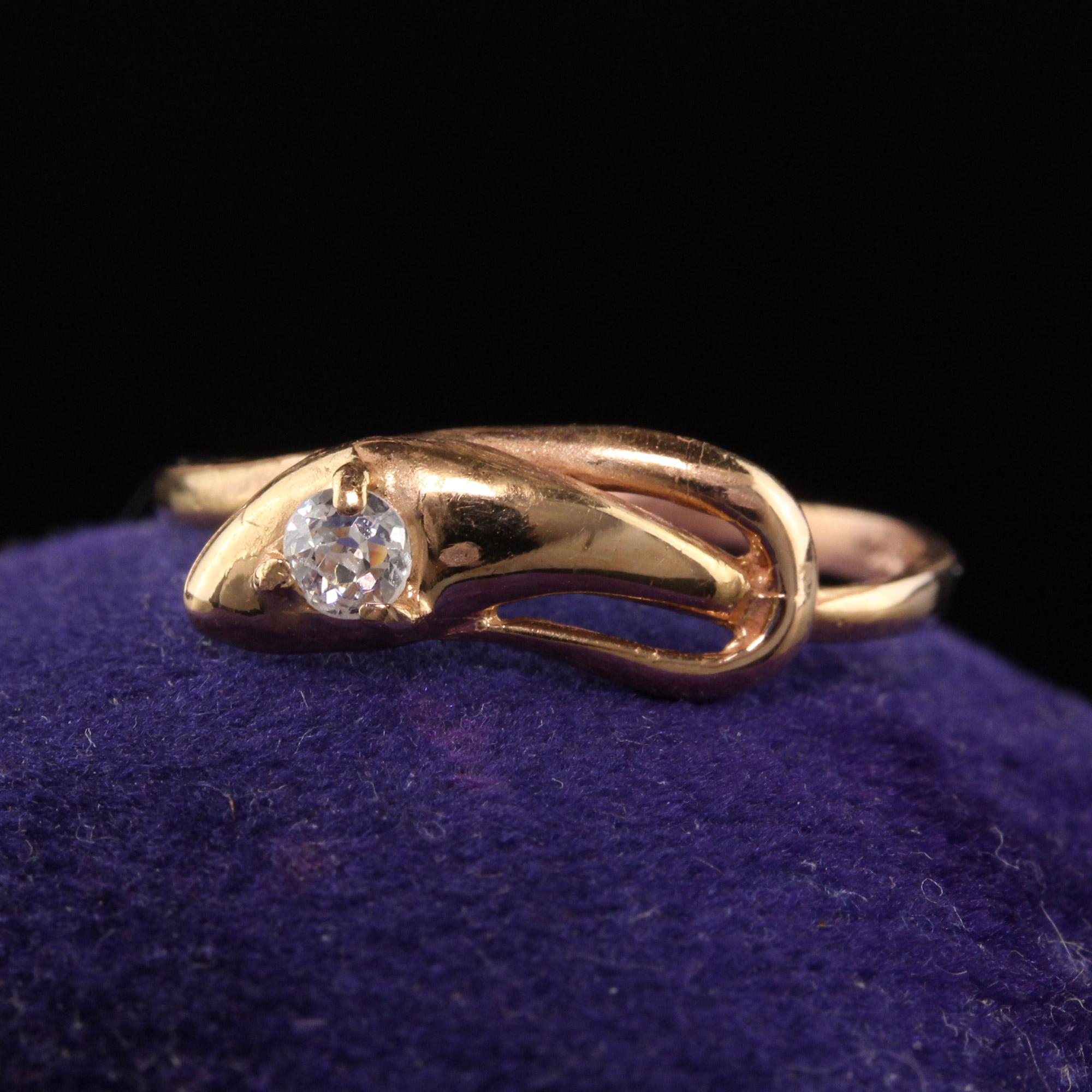 Beautiful Antique Victorian 18K Rose Gold Old Mine Cut Diamond Snake Ring. This cute Victorian ring is crafted in 18K rose gold and has an old mine cut diamond on top of the snake head.

Item #R1203

Metal: 18K Rose Gold

Weight: 1.40 Grams

Size: