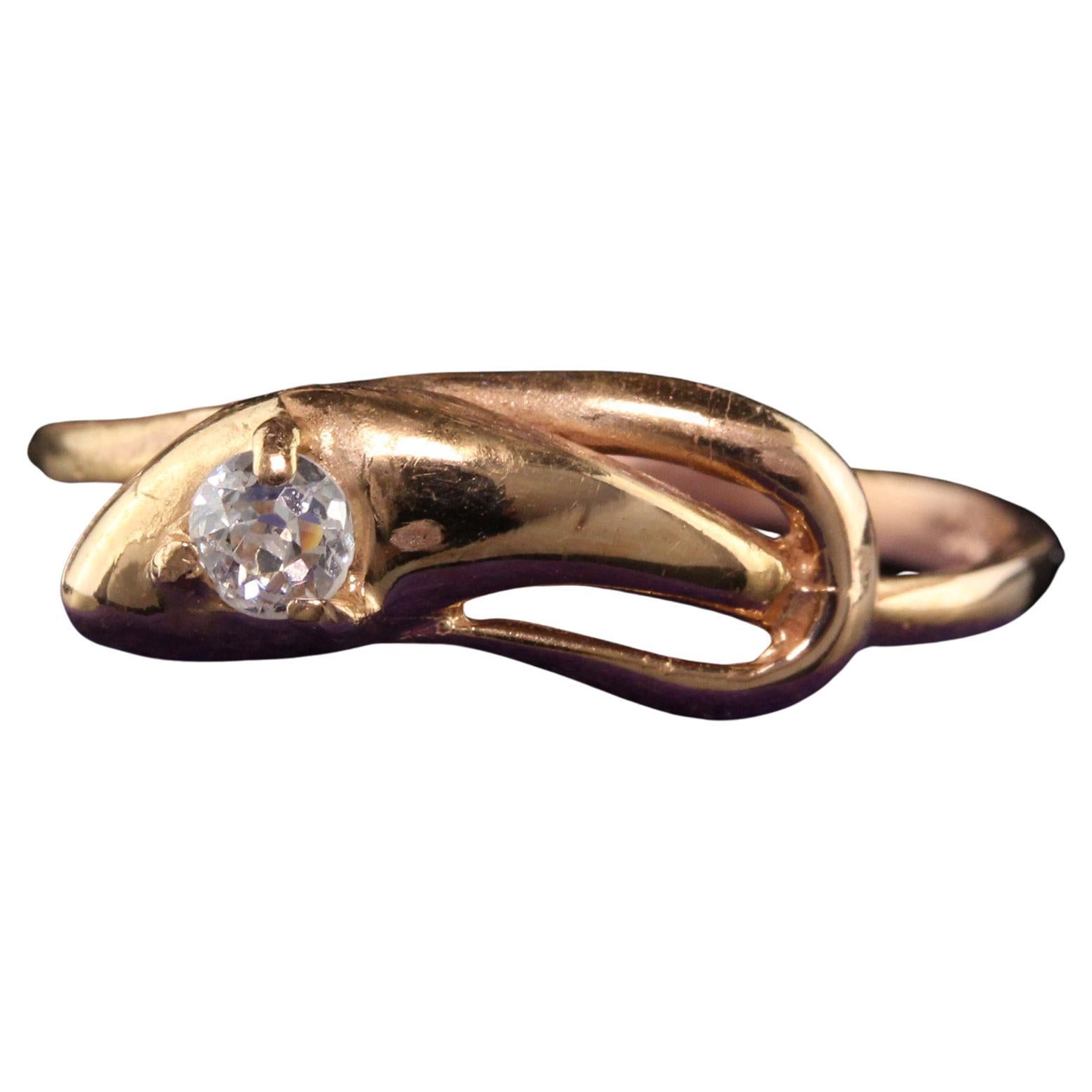 Antique Victorian 18K Rose Gold Old Mine Cut Diamond Snake Ring For Sale