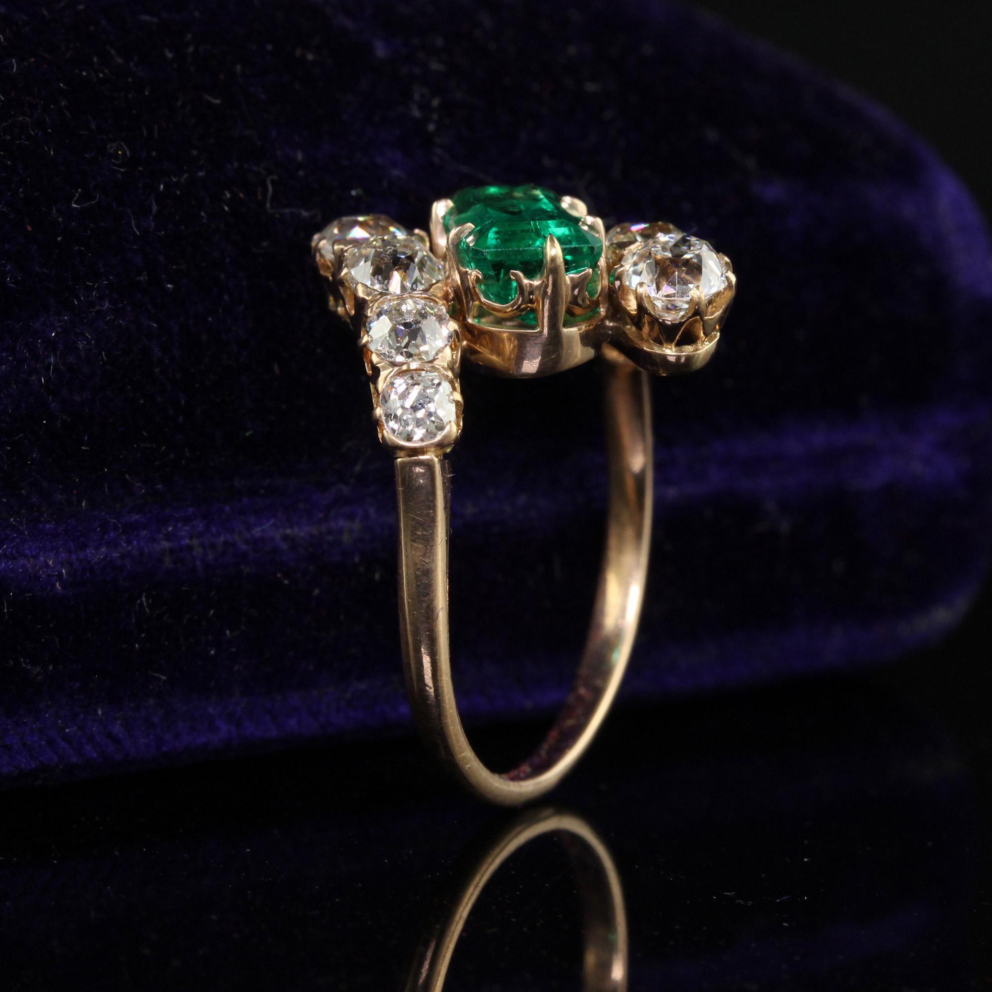 Old Mine Cut Antique Victorian 18K Rose Gold Old Mine Diamond Emerald Engagement Ring - GIA For Sale