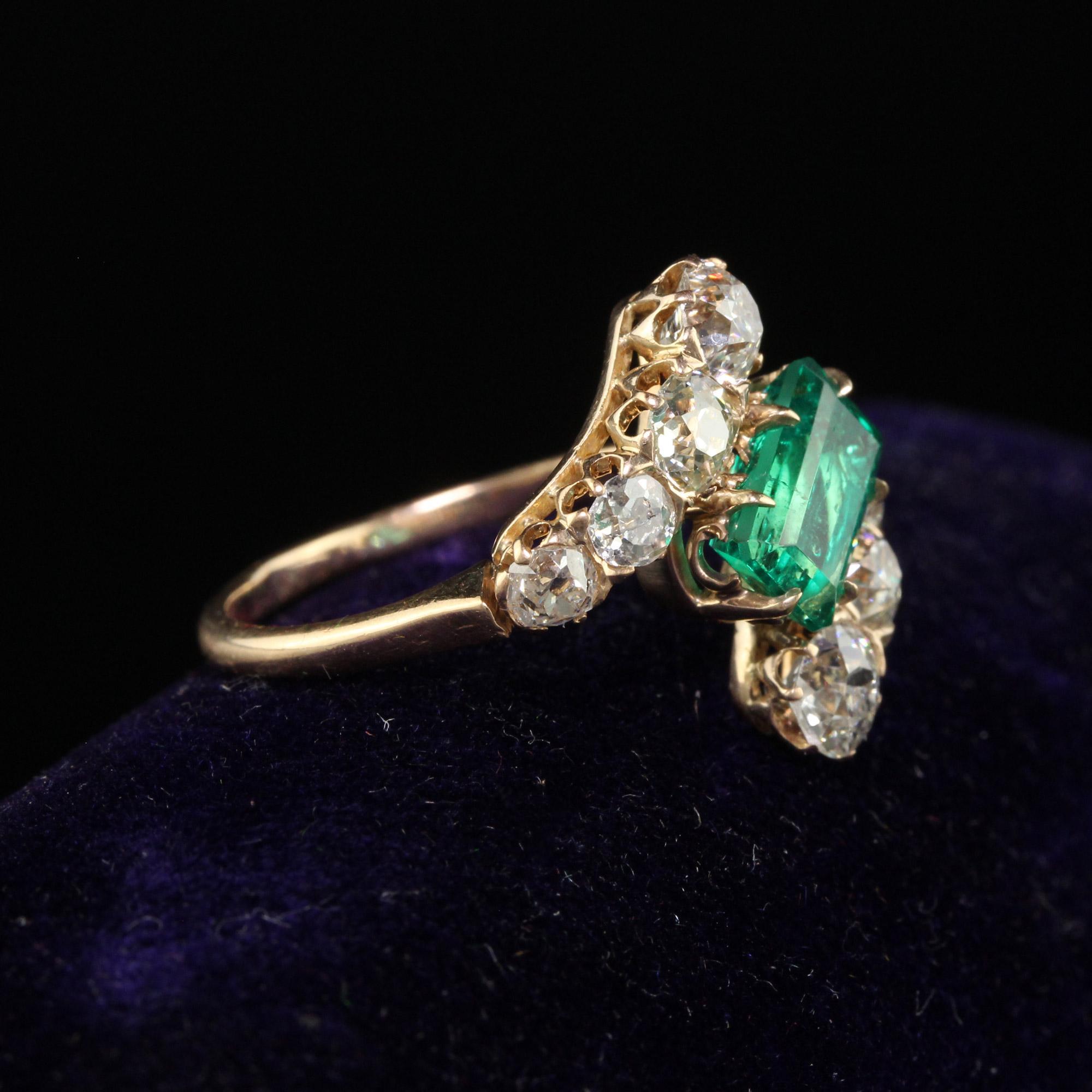 Women's Antique Victorian 18K Rose Gold Old Mine Diamond Emerald Engagement Ring - GIA For Sale