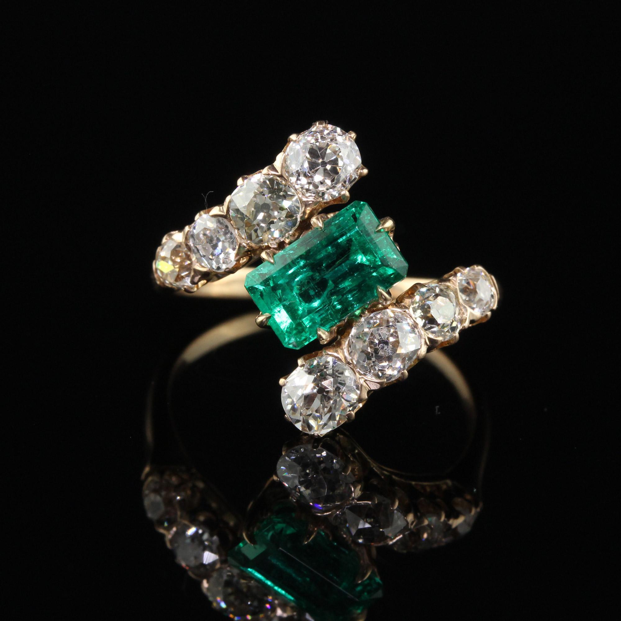 Antique Victorian 18K Rose Gold Old Mine Diamond Emerald Engagement Ring - GIA For Sale 1