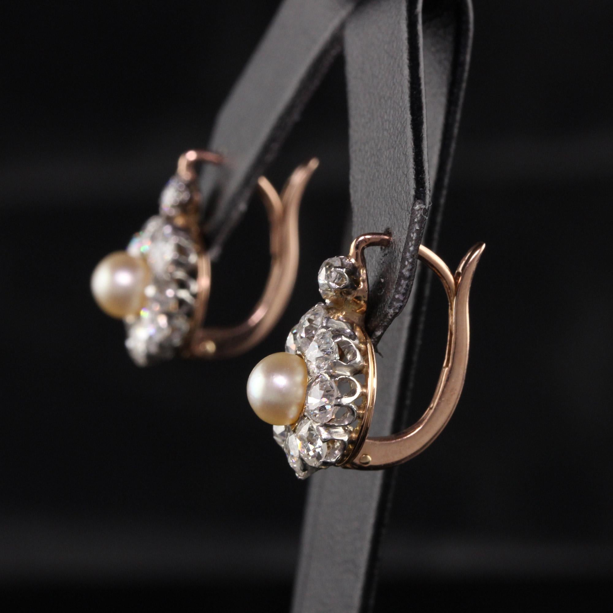 Old Mine Cut Antique Victorian 18k Rose Gold Platinum Top Old Mine Diamond and Pearl Earrings