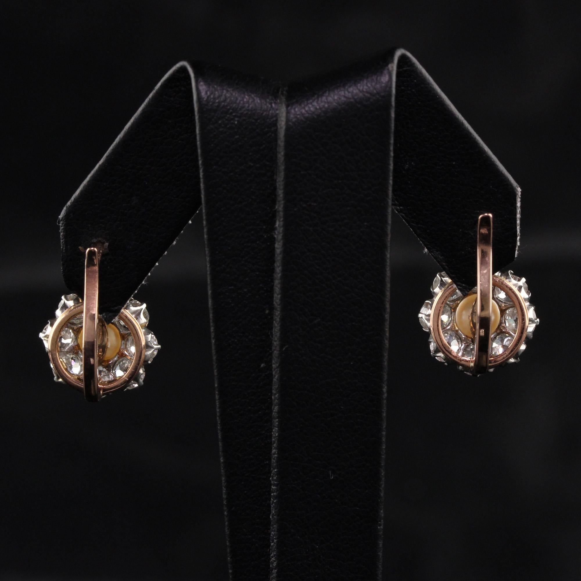 Antique Victorian 18k Rose Gold Platinum Top Old Mine Diamond and Pearl Earrings In Good Condition In Great Neck, NY