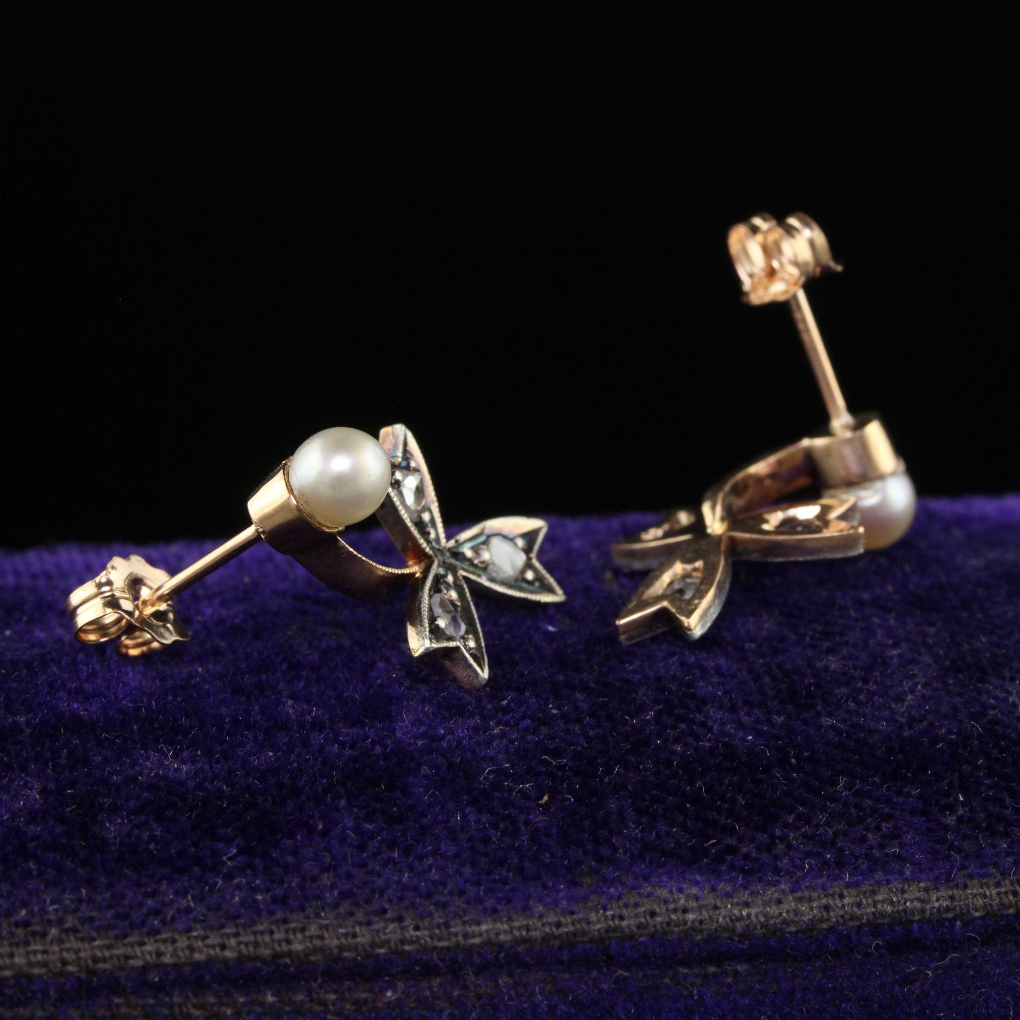 Victorien Boucles d'oreilles victoriennes anciennes en or rose 18 carats, diamants taille rose et perles en vente
